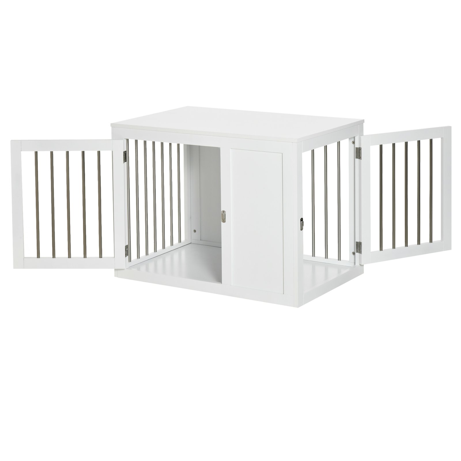 2-in-1 Dog Cage and Side Table, with Two Lockable Doors, for Medium Dogs - White