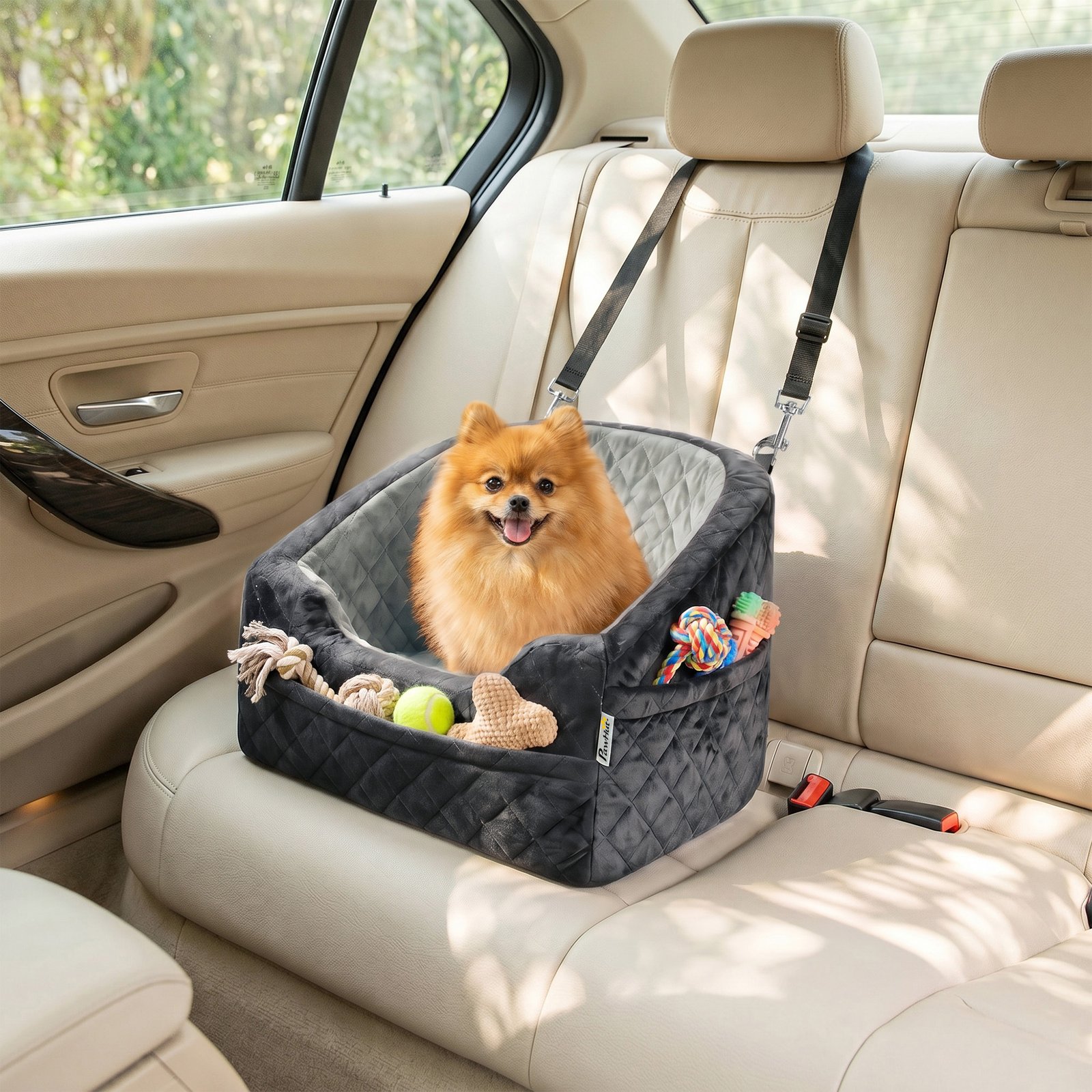 Dog Car Seat, Detachable Washable Dog Booster Seat with Thick Cushion, Seat Belt, Pockets for Small Under 10kg, Grey