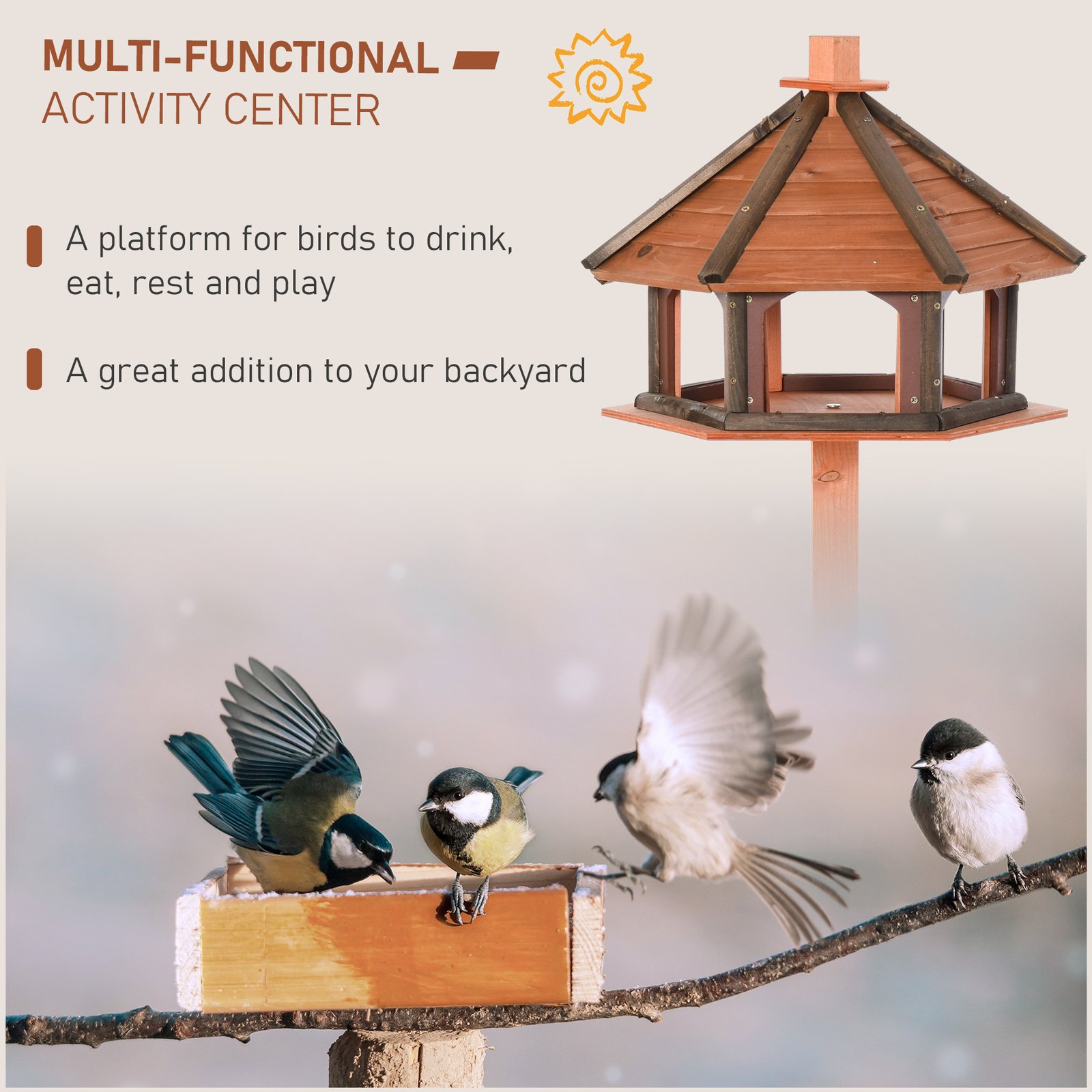 130cm Wooden Bird Table, Feeding Station with Roof for Outdoor, Brown