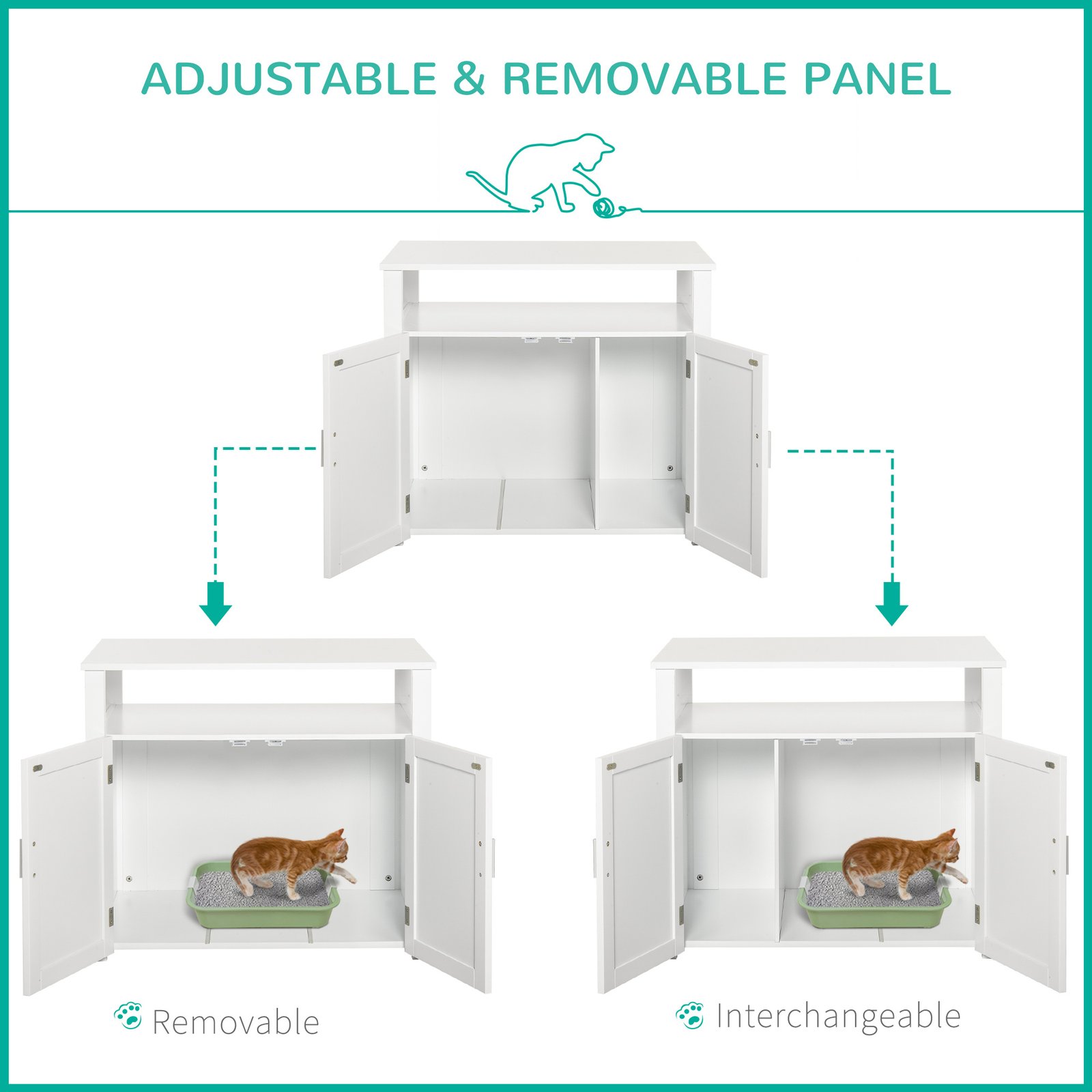 Wooden Cat Litter Box Enclosure Furniture with Adjustable Interior Wall & Large Tabletop for Nightstand, White - Image 5
