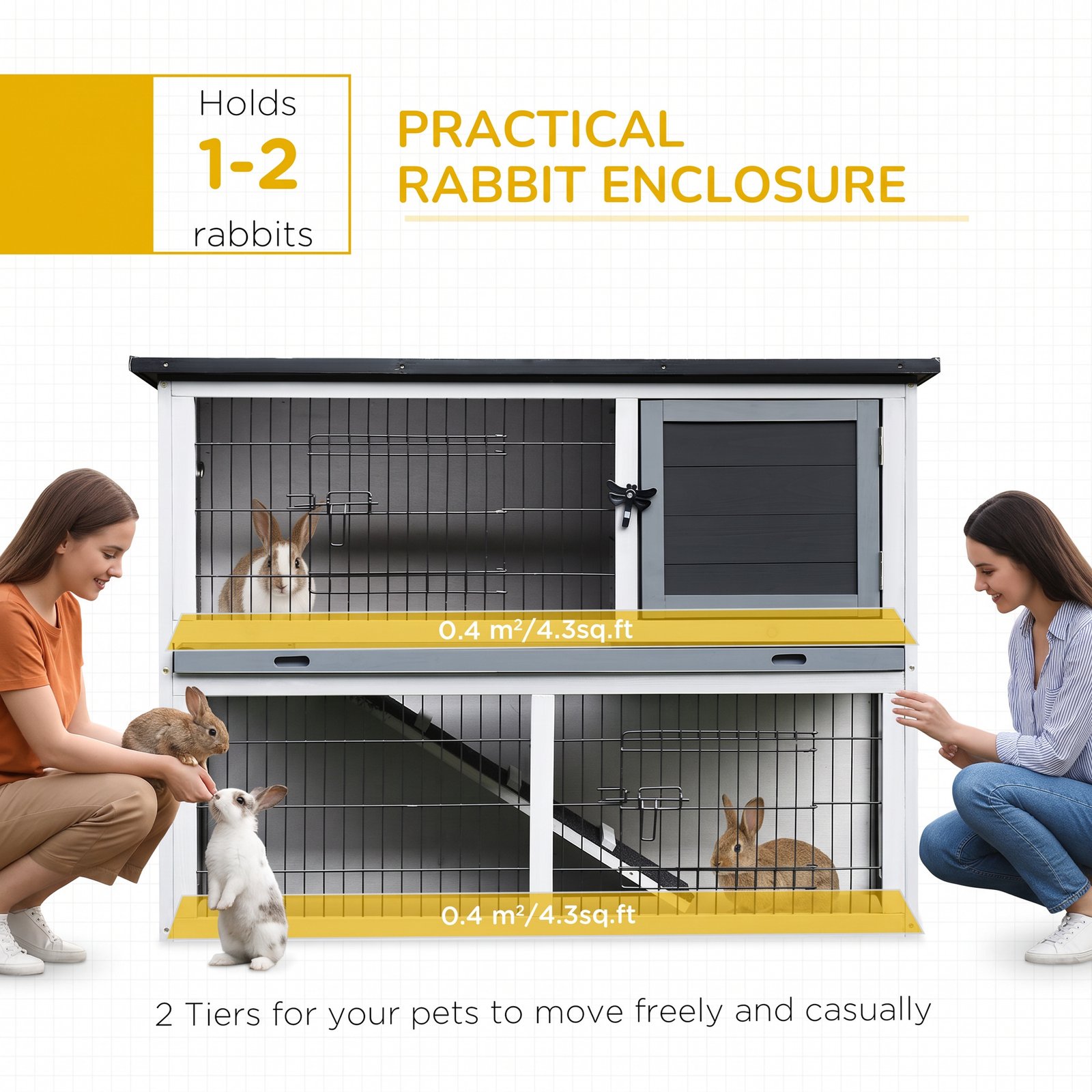 2-Tier Wooden Rabbit Hutch Guinea Pig House Bunny Cage Backyard w/ Openable Roof Small Animal House for Outdoor Grey, 108 x 45 x 78 cm