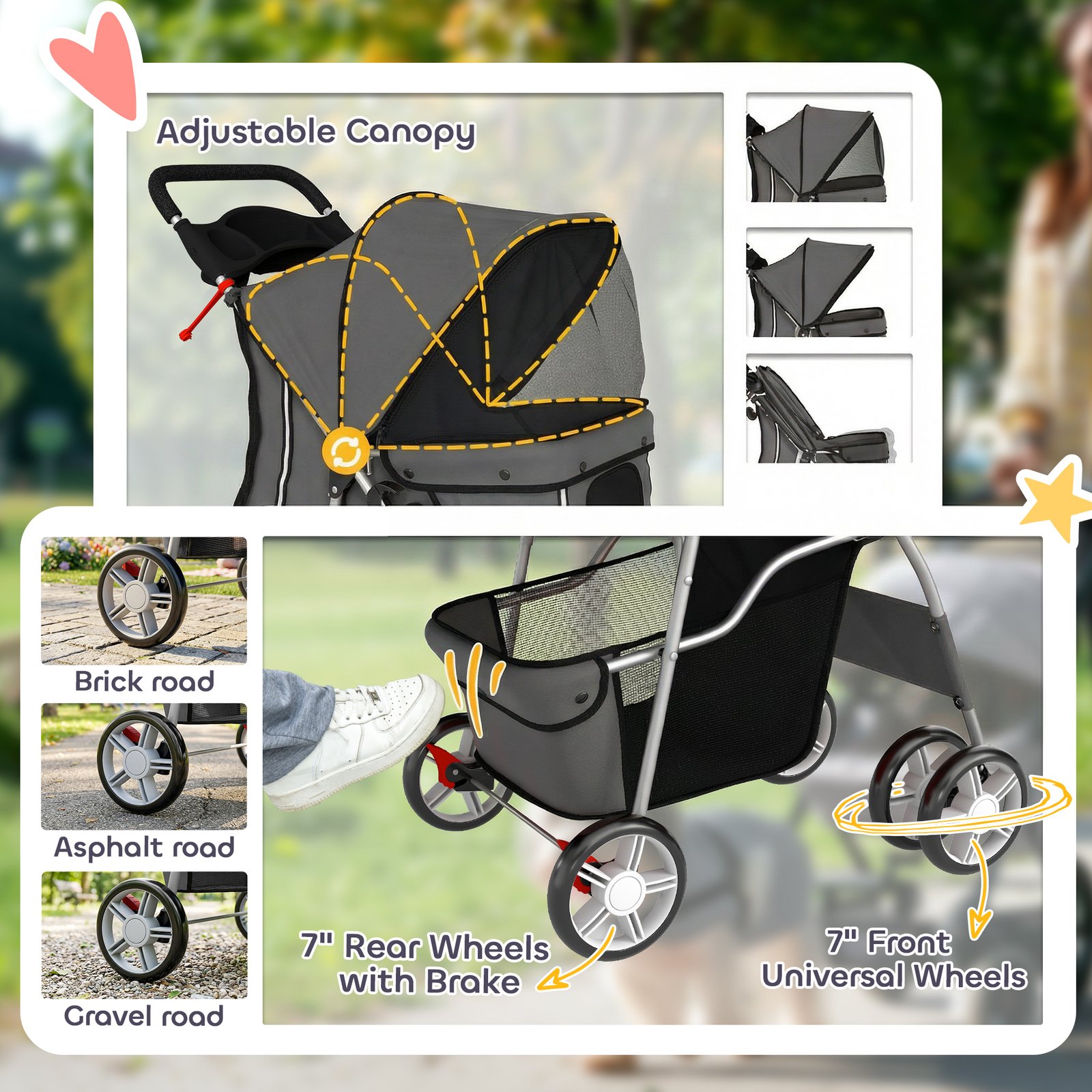Dog Pram, Pet Stroller with Reflective Strips, Foldable Cat Stroller with 360° Swivel Wheels, Dark Grey - Image 6