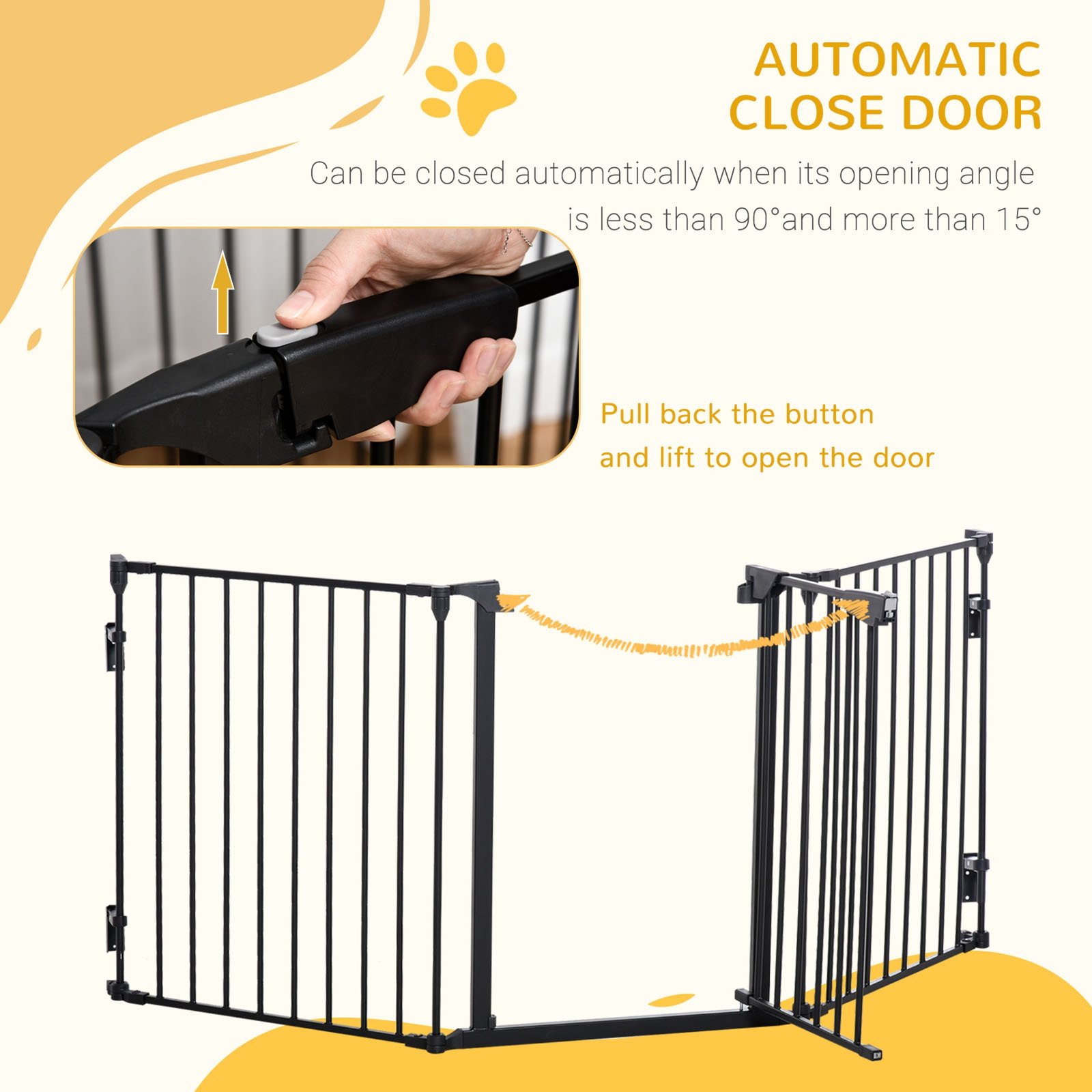 Pet Safety Gate, 3 Panels Playpen Fireplace, Foldable Metal Fence, Stair Barrier, Room Divider, Fire Guard w/ Automatic Closing Door, Black