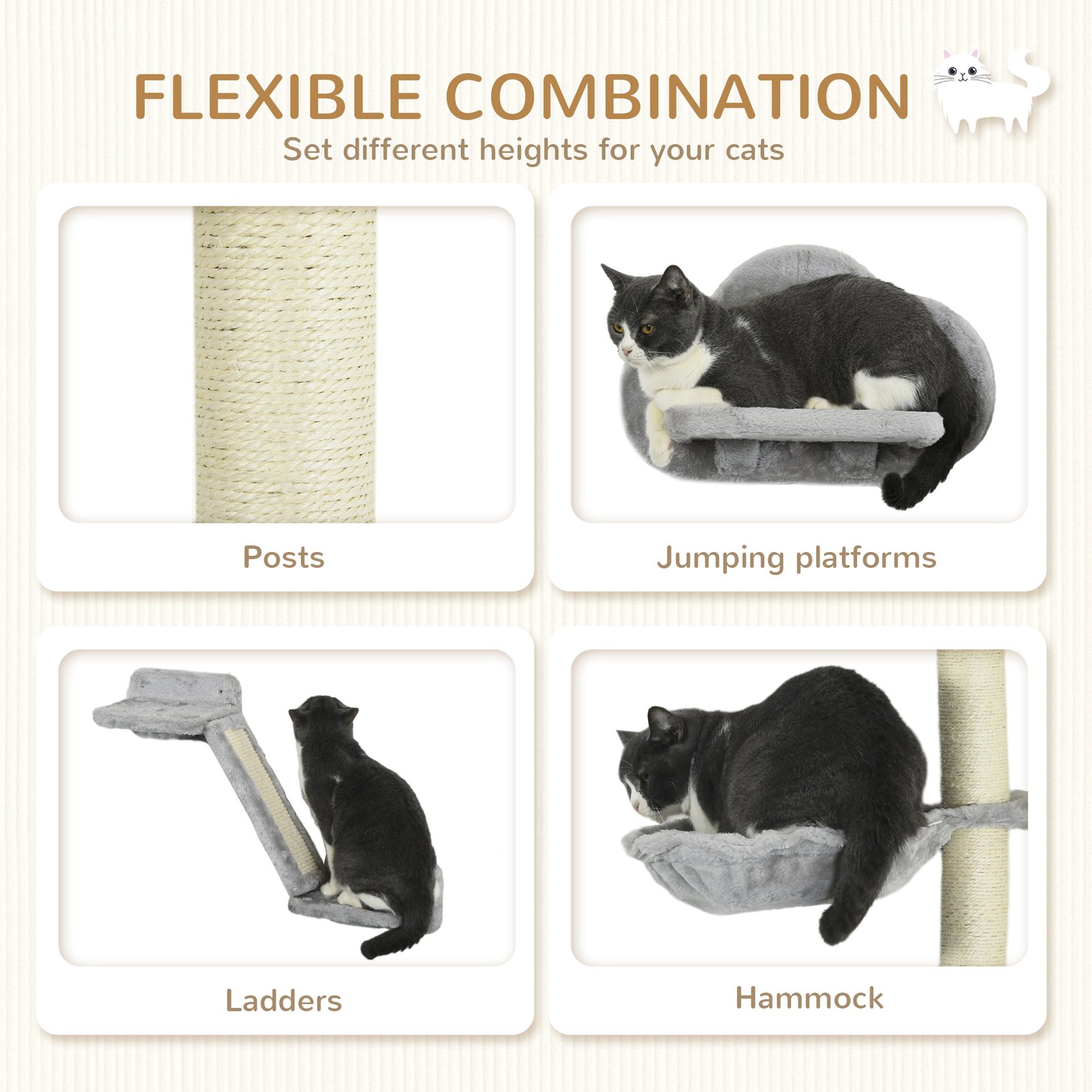Three-Piece Wall-Mounted Cat Shelves, with Hammock, Ladder, Platforms, Scratching Post - Grey - Image 5