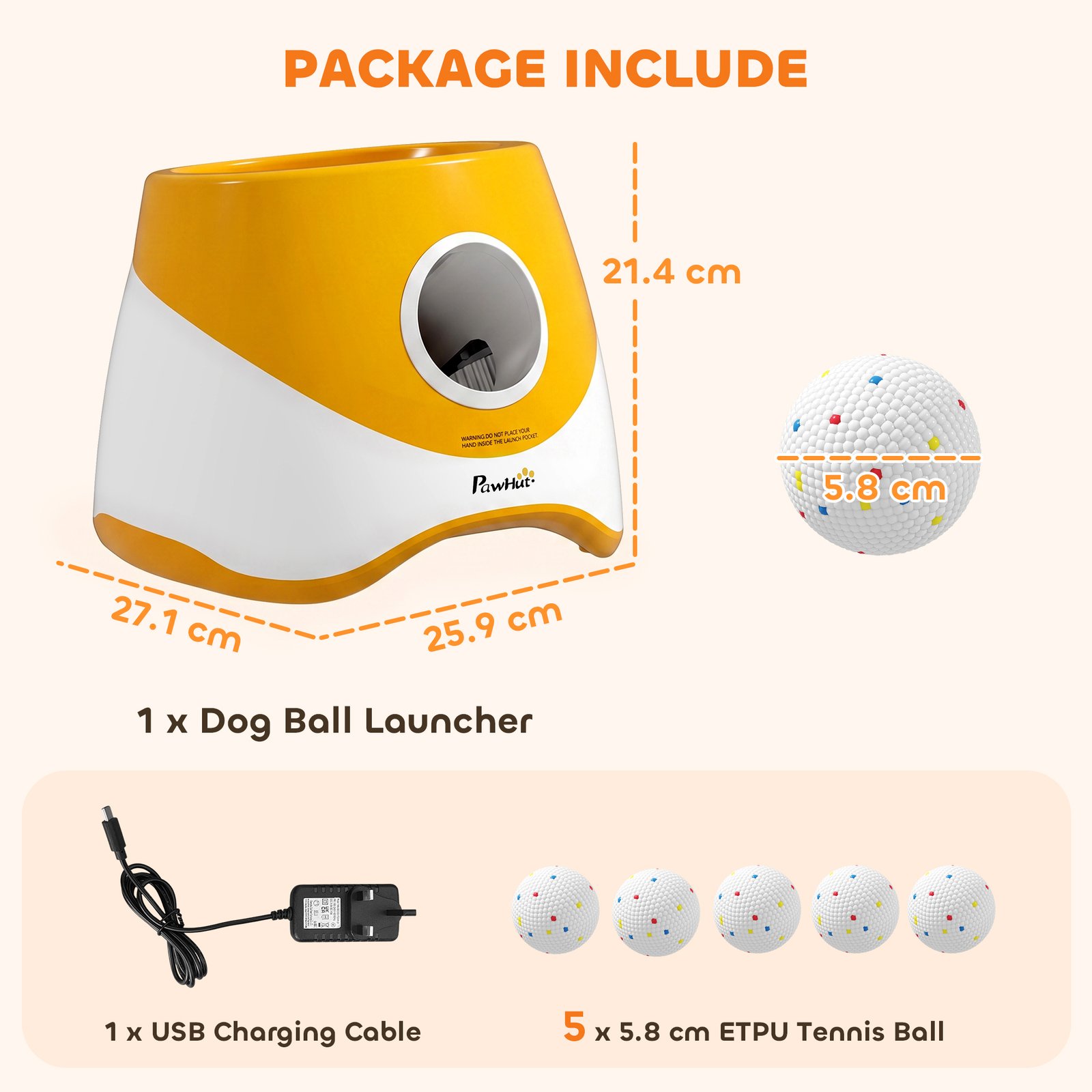 Automatic Dog Ball Launcher with 5 ETPU Balls 5.8 cm, 3 Distance Settings 6/10/14 m, Orange
