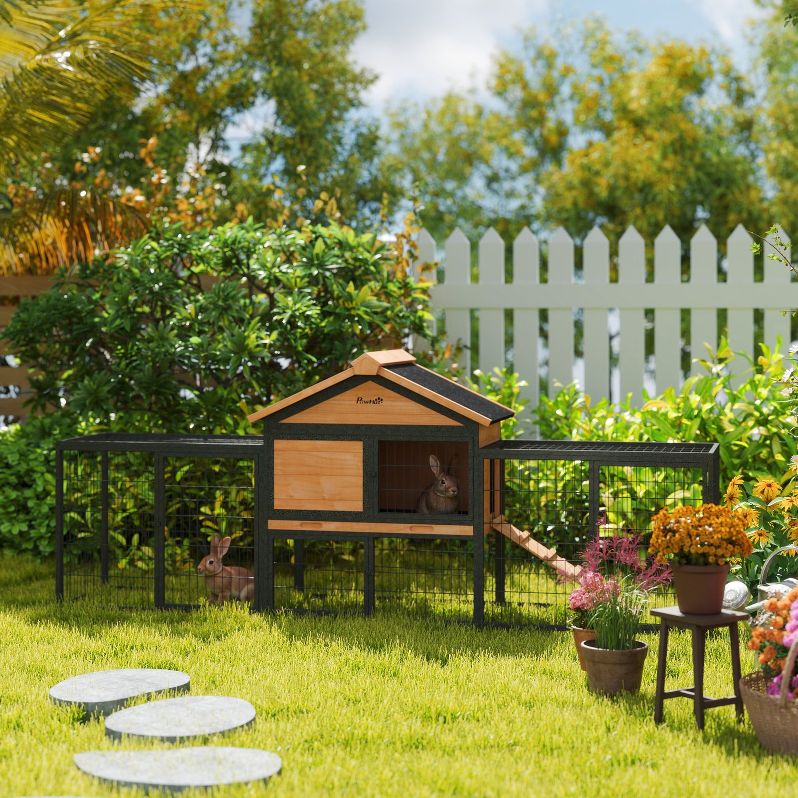 Wooden Rabbit Hutch Outdoor with Steel Run, Wooden Guinea Pig Cage with Removable Plastic Tray, Asphalt Roof, Ramp - Image 8