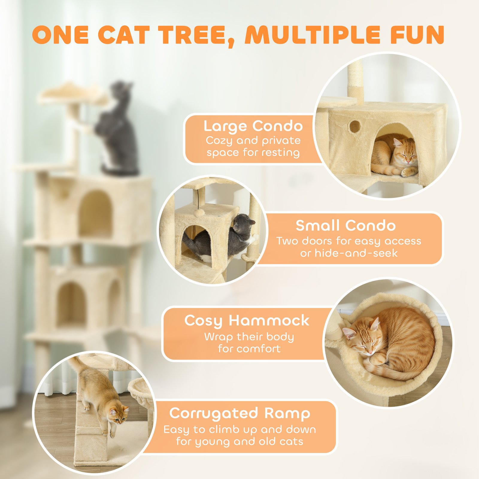 160cm Large Cat Tree Tower with Sisal Scratching Posts, Condos, Plush Perches, Hammock, Ladder, Beige