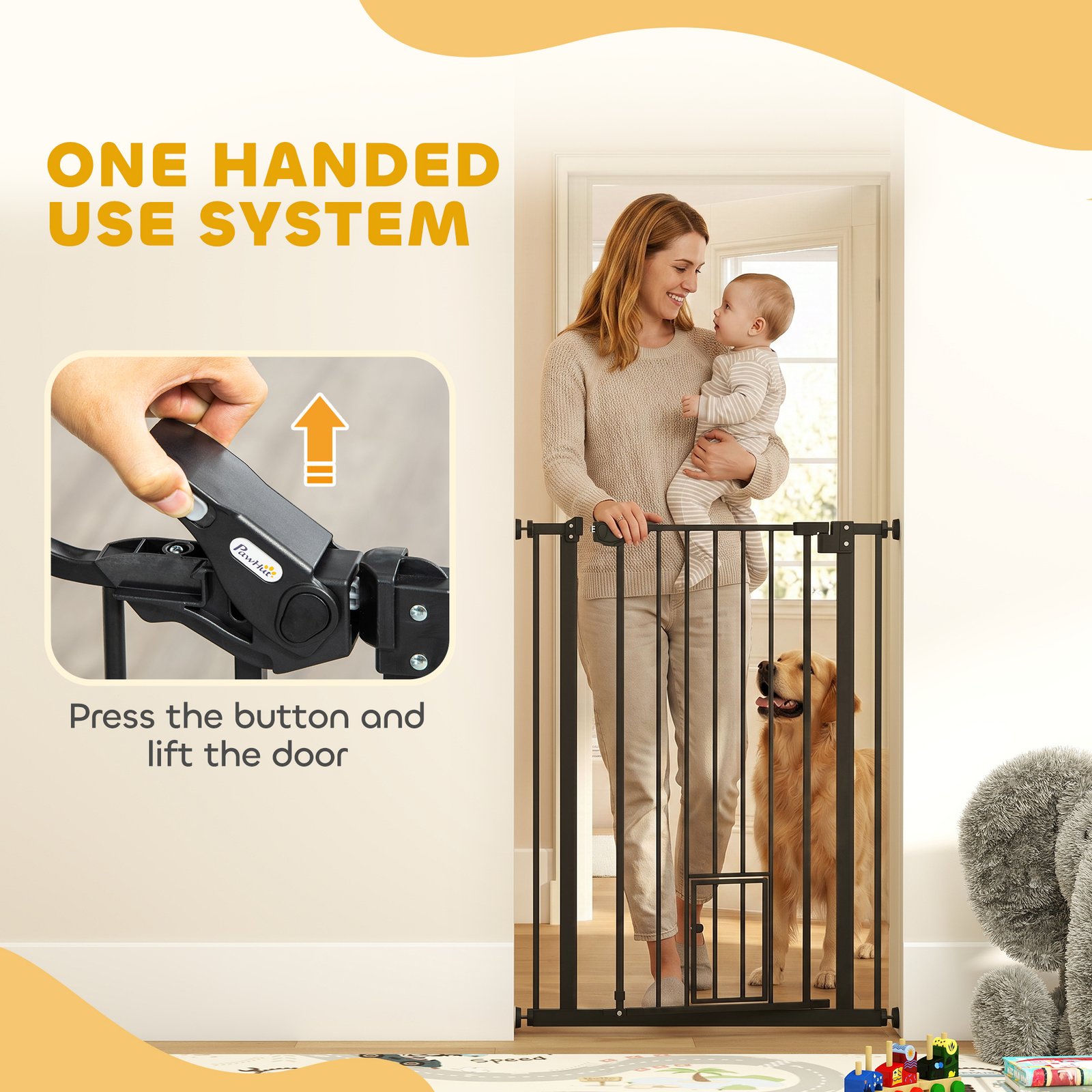 Extra Tall Pet Gate, Indoor Dog Safety Gate, with Cat Flap, Auto Close, 74-80cm Wide - Black