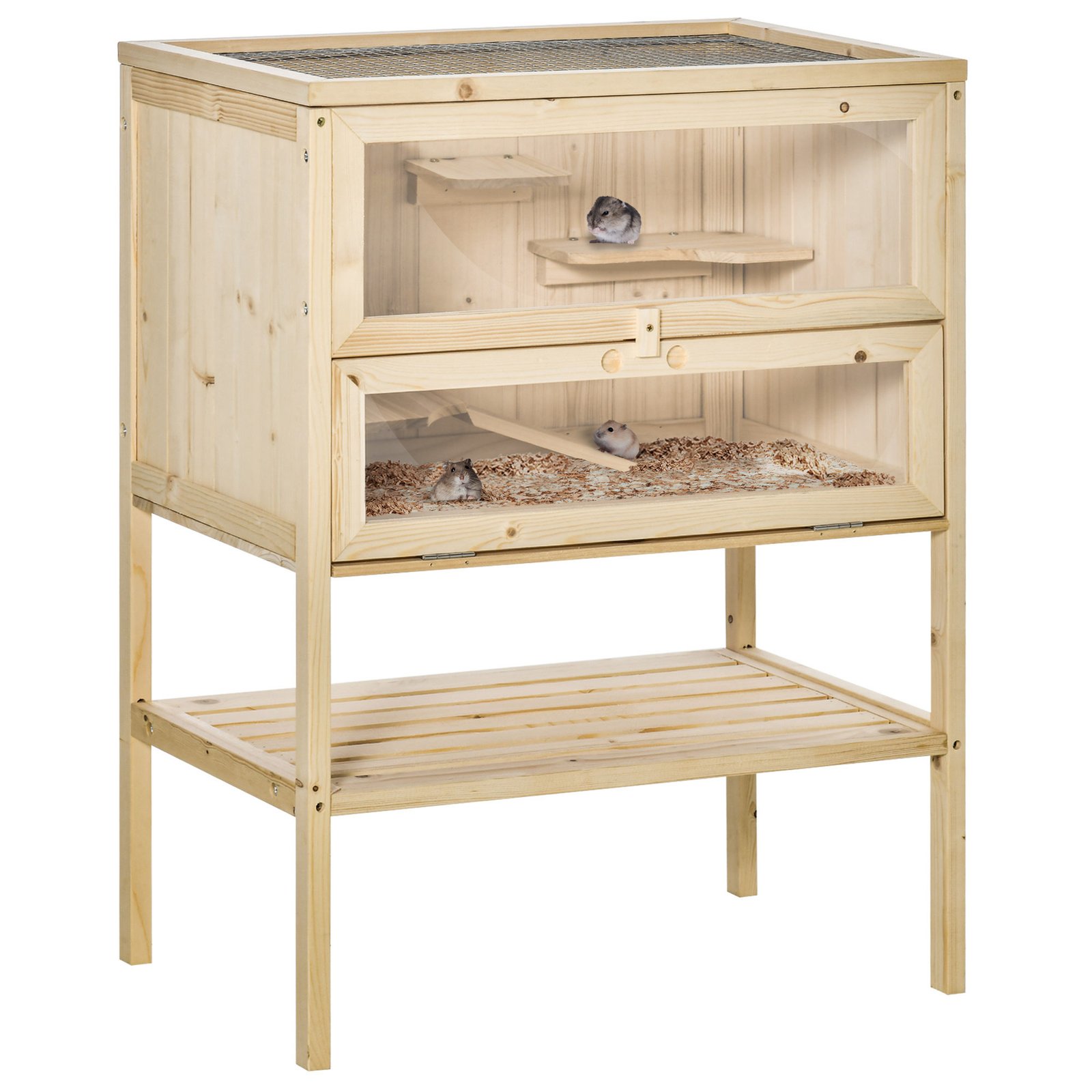 Wooden Hamster Cage with Storage Shelf, Small Animal Exercise Play Enclosure Gerbil Cage with Openable Top, Ramp for Gerbils, Drawf Hamsters, 60 x 40 x 80 cm - Natural