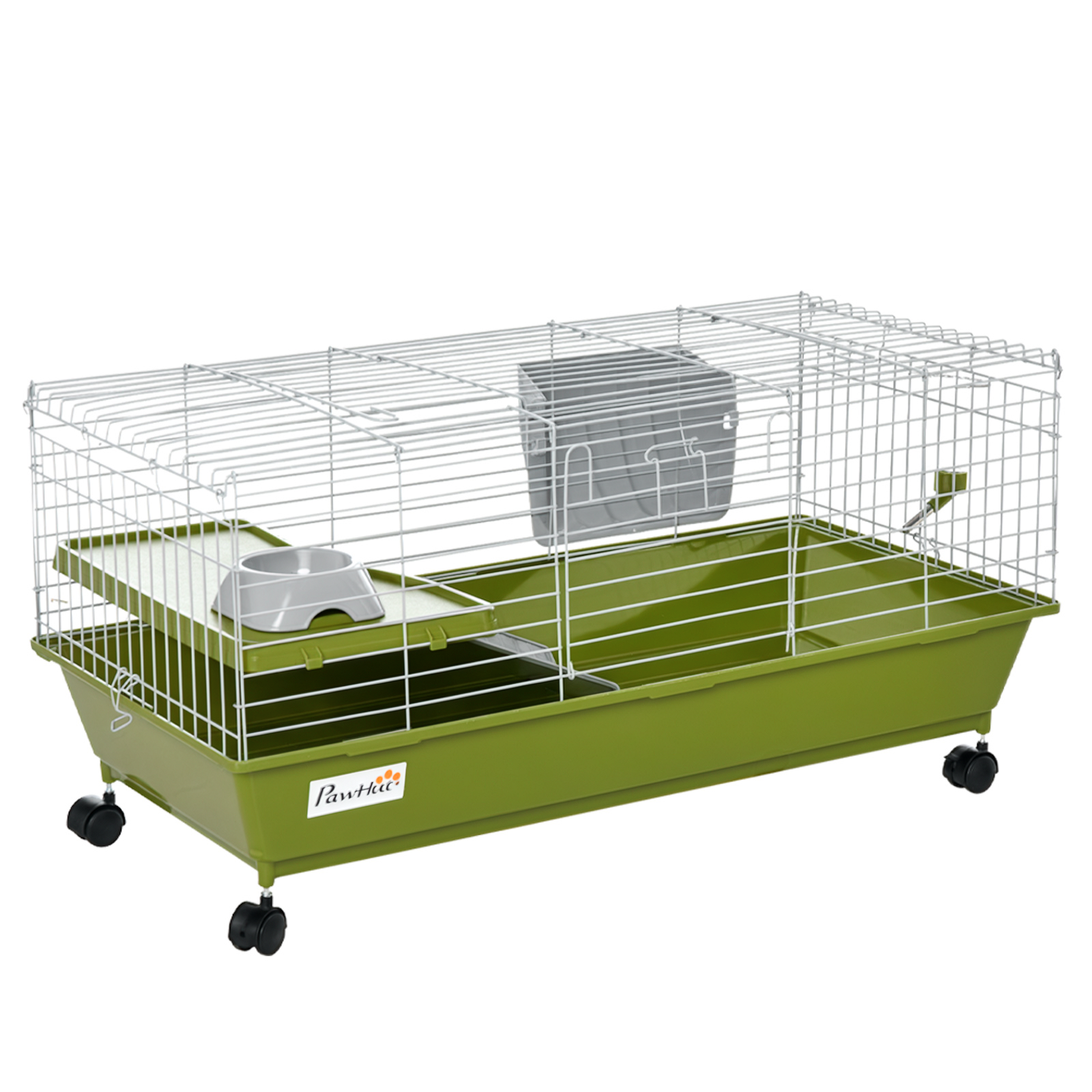 Small Animal Cage Rabbit Guinea Pigs Chinchillas Cage w/ Wheels Water Bottle Food Dish Platform Ramp 89 x 44 x 43 cm Green