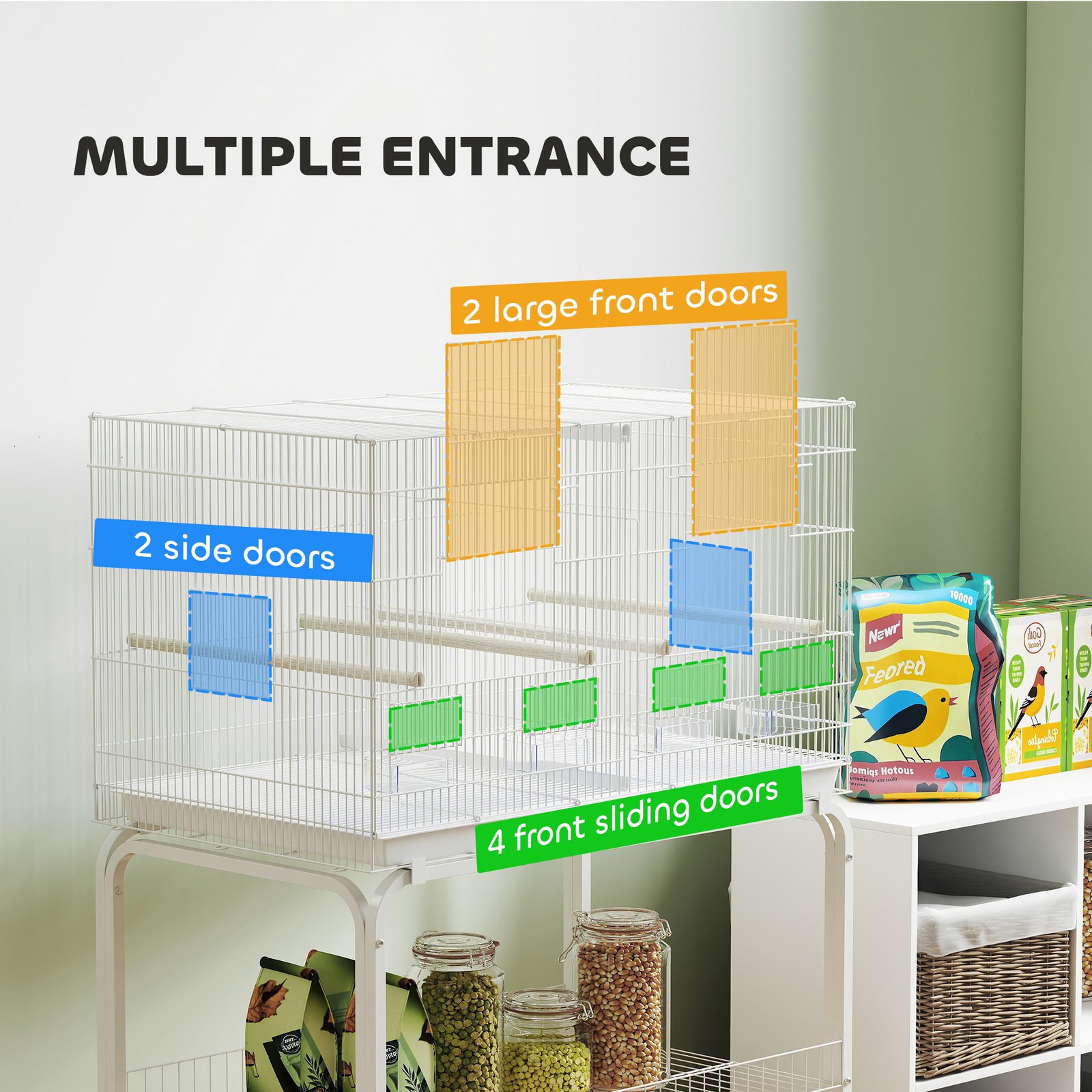 Bird Cage with Divider, 4 Wooden Perches, Slide Out Tray, 4 Feeders, for Budgie, Lovebird, Canary, 76 x 46 x 116cm White - Image 6