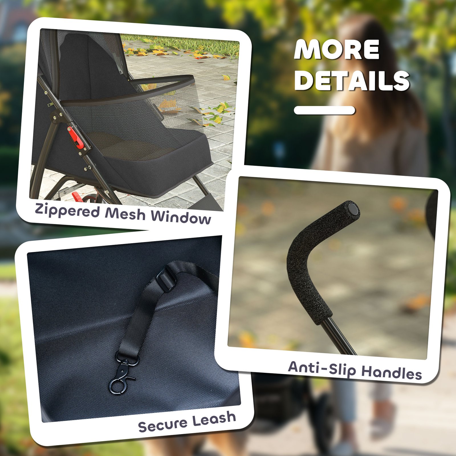 Dog Stroller, Foldable Cat Dog Pram for Miniature Breeds, Pet Stroller with Brake, Mesh Windows, Black