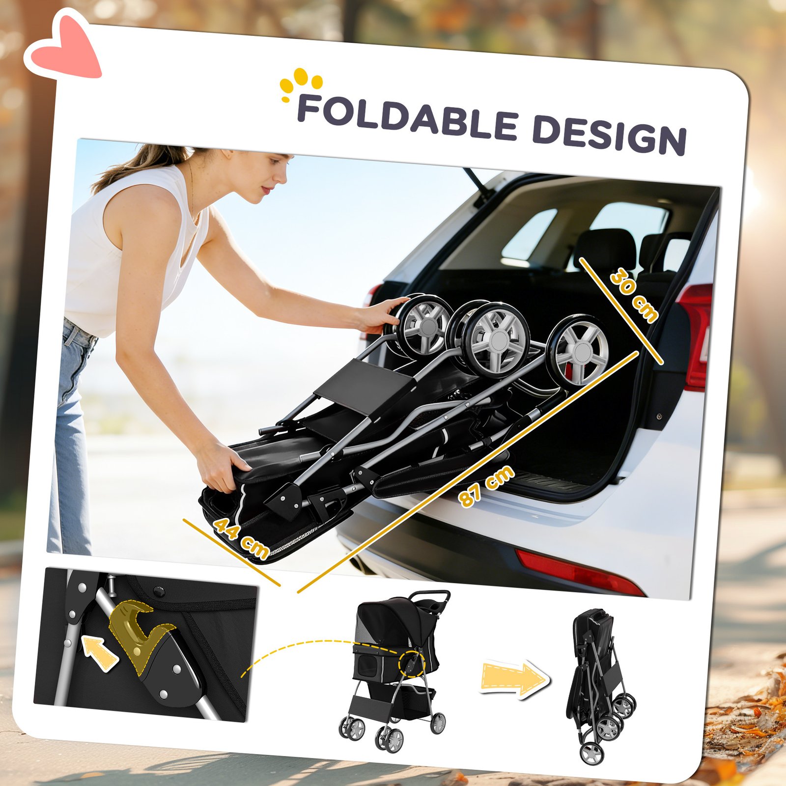 Dog Pram, Pet Stroller with Reflective Strips, Foldable Cat Stroller with 360° Swivel Wheels, Black - Image 5