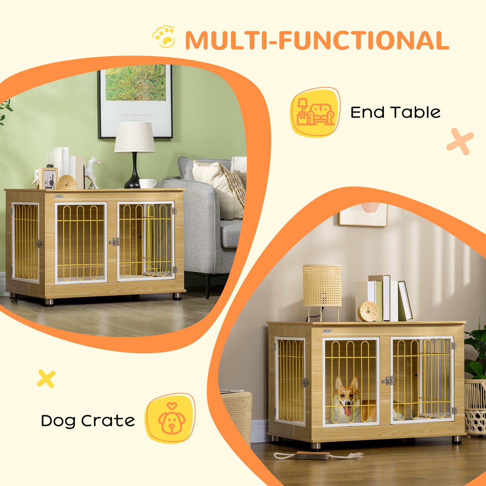 Dog Crate Furniture, Dog Cage End Table. with Soft Cushion, Double Door - Oak Tone - Image 5