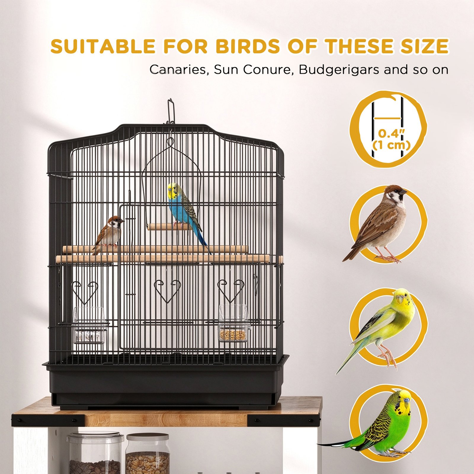 Large Metal Bird Cage with Perches, Food Bowls, Swing, for Budgies, Finches, Black