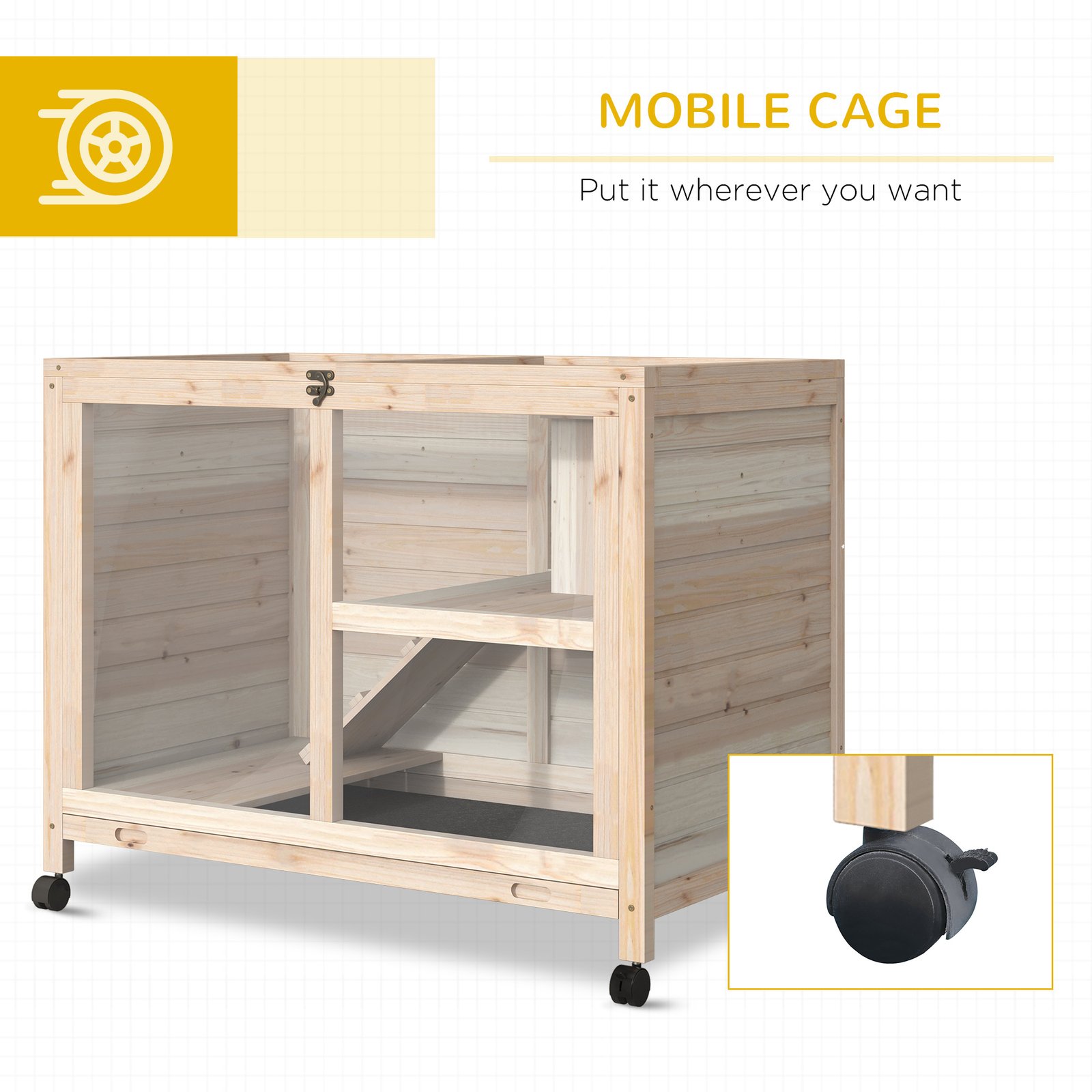Rabbit Hutch Indoor with Wheels, Wooden Guinea Pig Hutch Hamster Cage, 2 Layers Bunny Cage with Openable Roof, Transparent Panel, 91.5 x 53.3 x 73 cm, Natural