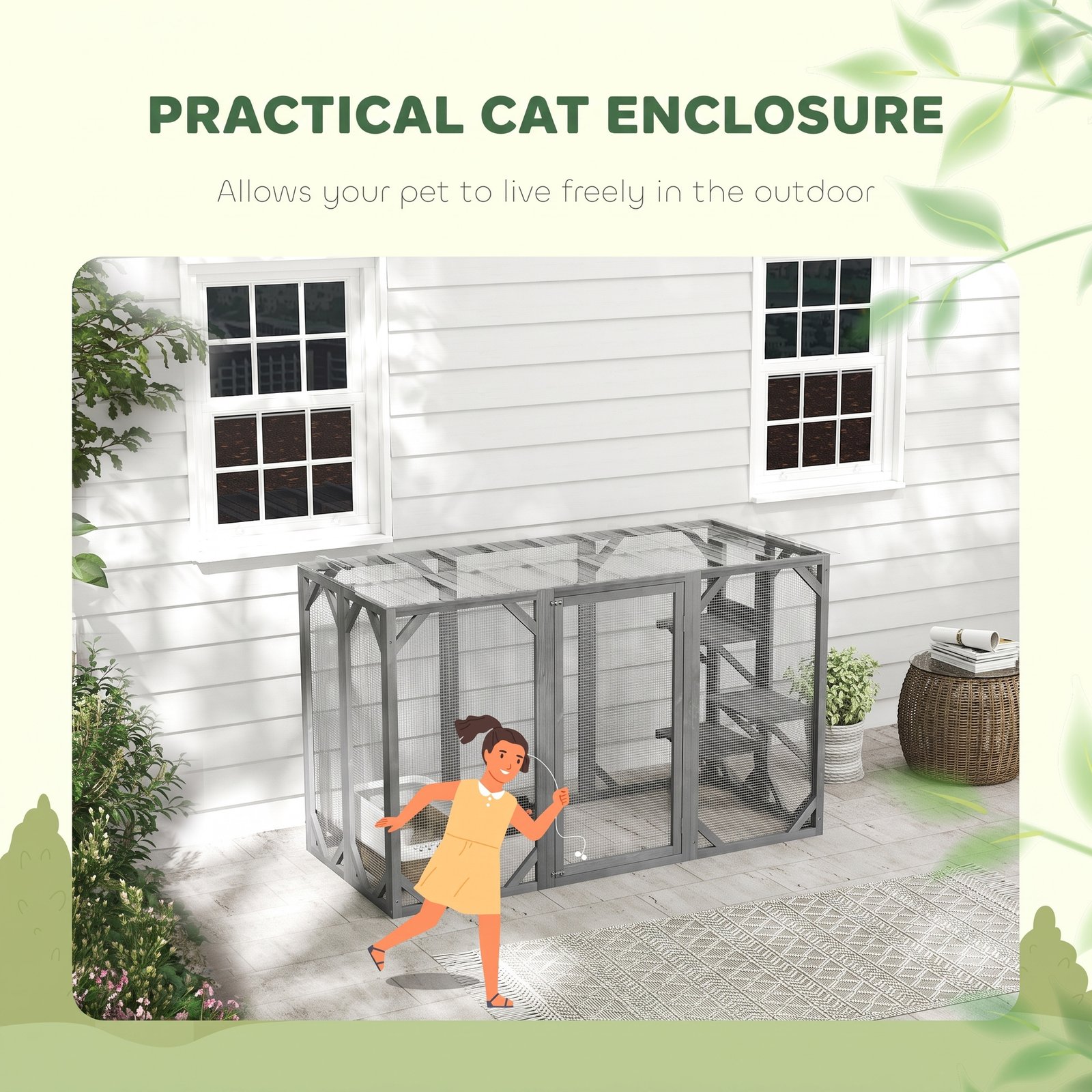 71" Outdoor Wooden Cat House with Three Platforms, Large Door, Water-Resistant Roof, for Multiple Cats, Grey