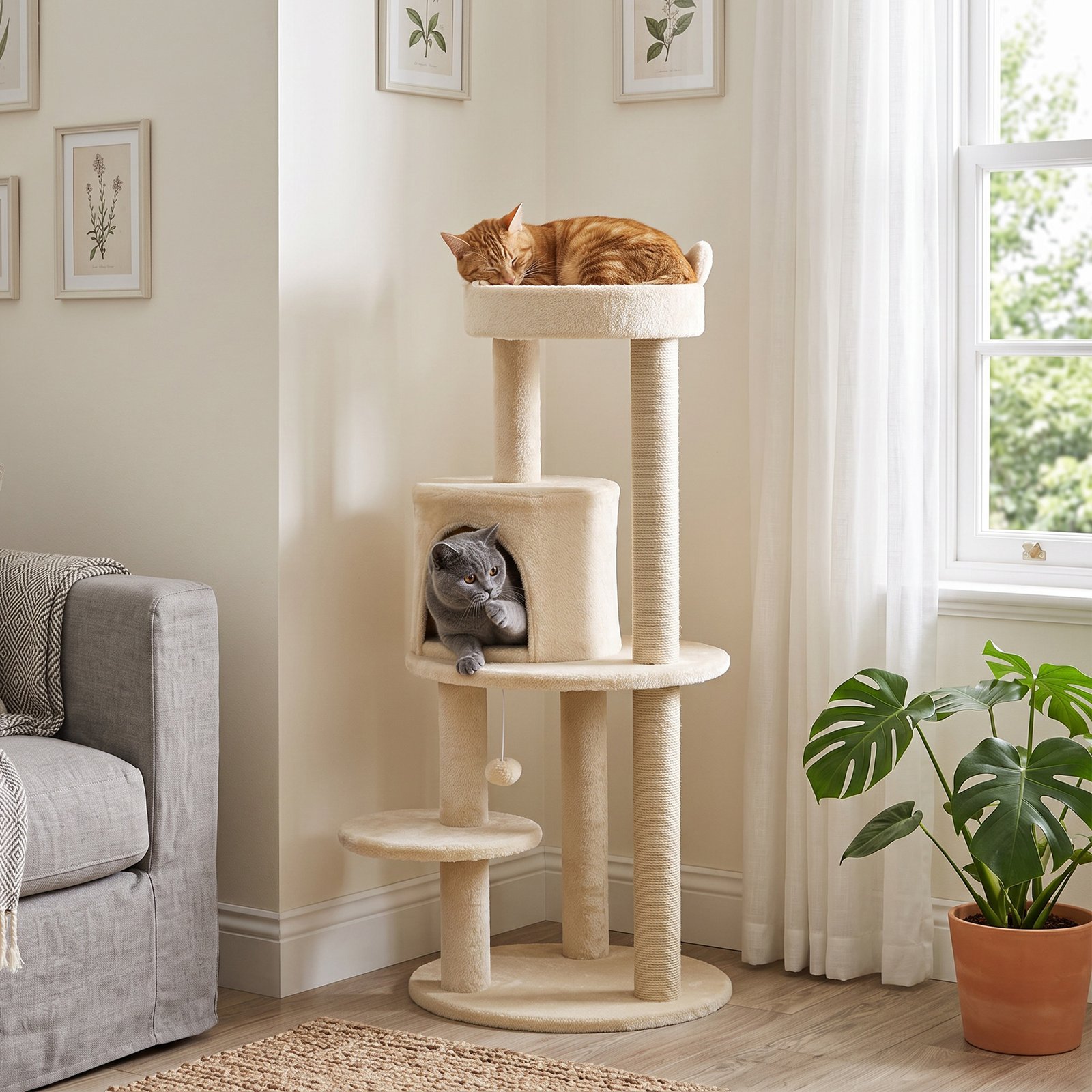 104 cm Cat Tree, Cat Condo Tree Tower, Cat Activity Centre with Scratching Posts, Plush Perches, Hanging Ball - Cream White