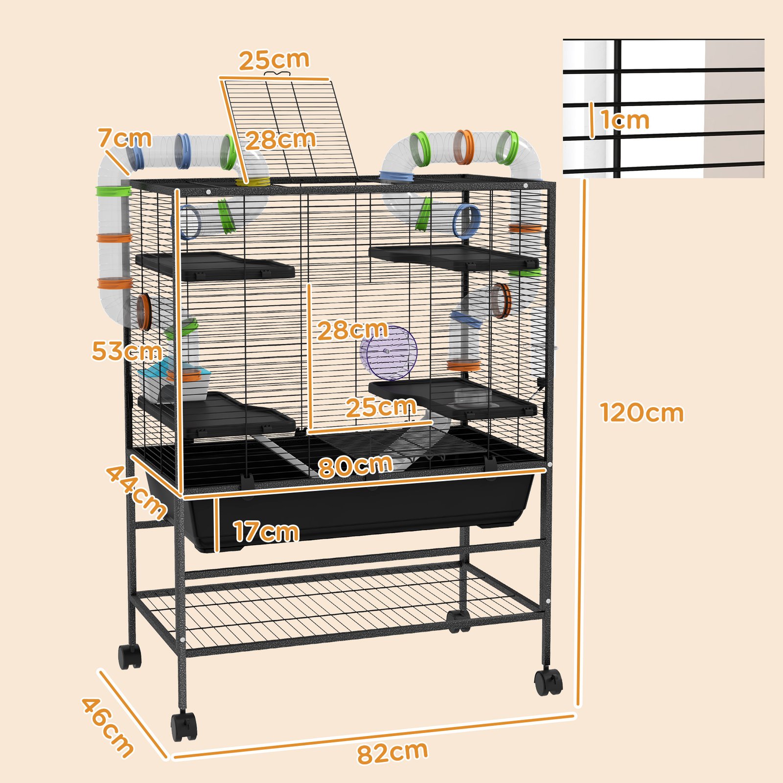 Large Hamster Cage, Gerbil Cage with Tubes, Storage Shelf, Ramps, Platforms, Running Wheel - Black - Image 3