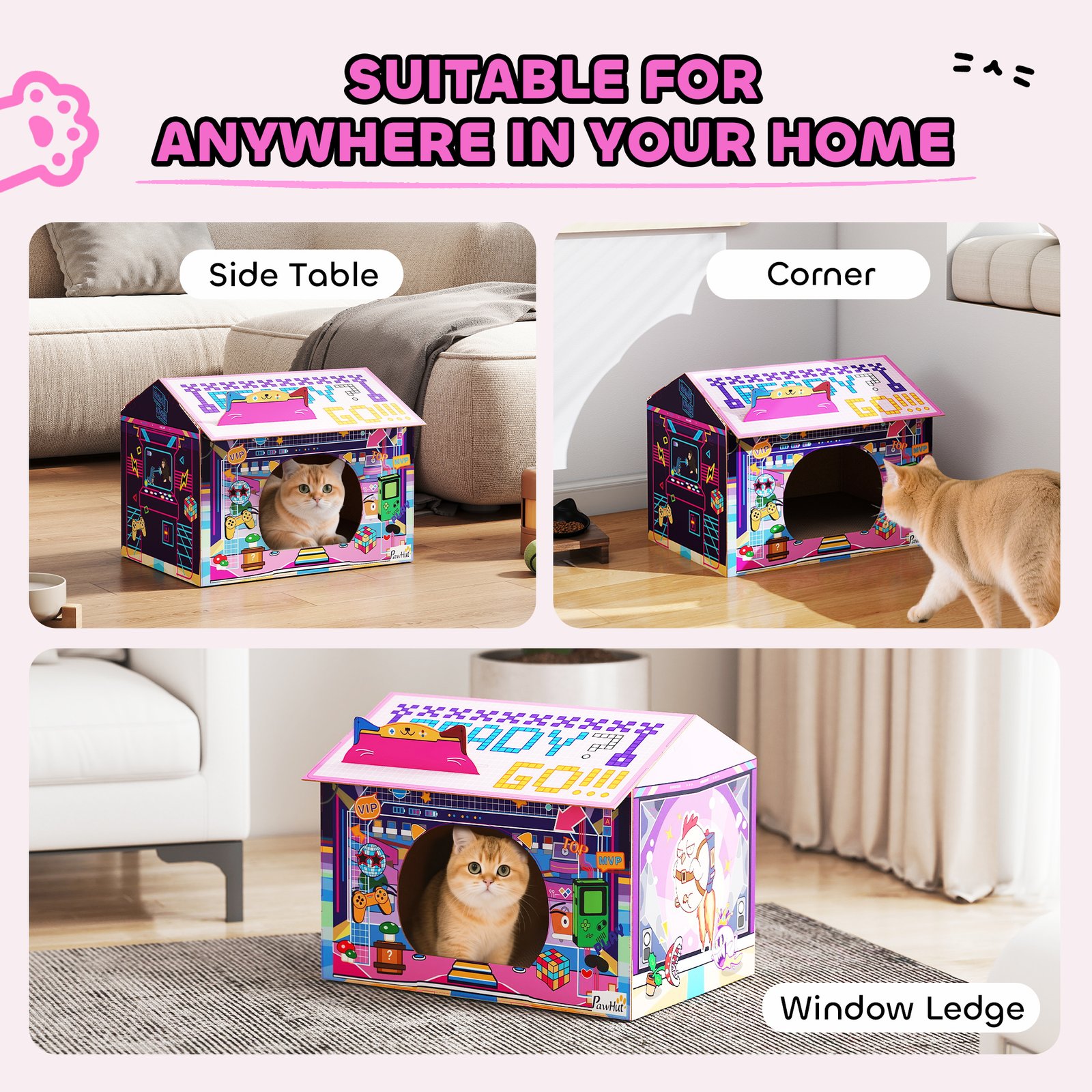 2 in 1 Gaming Style Cardboard Cat House with Scratching Board & Catnip for Indoor Cats, Pink