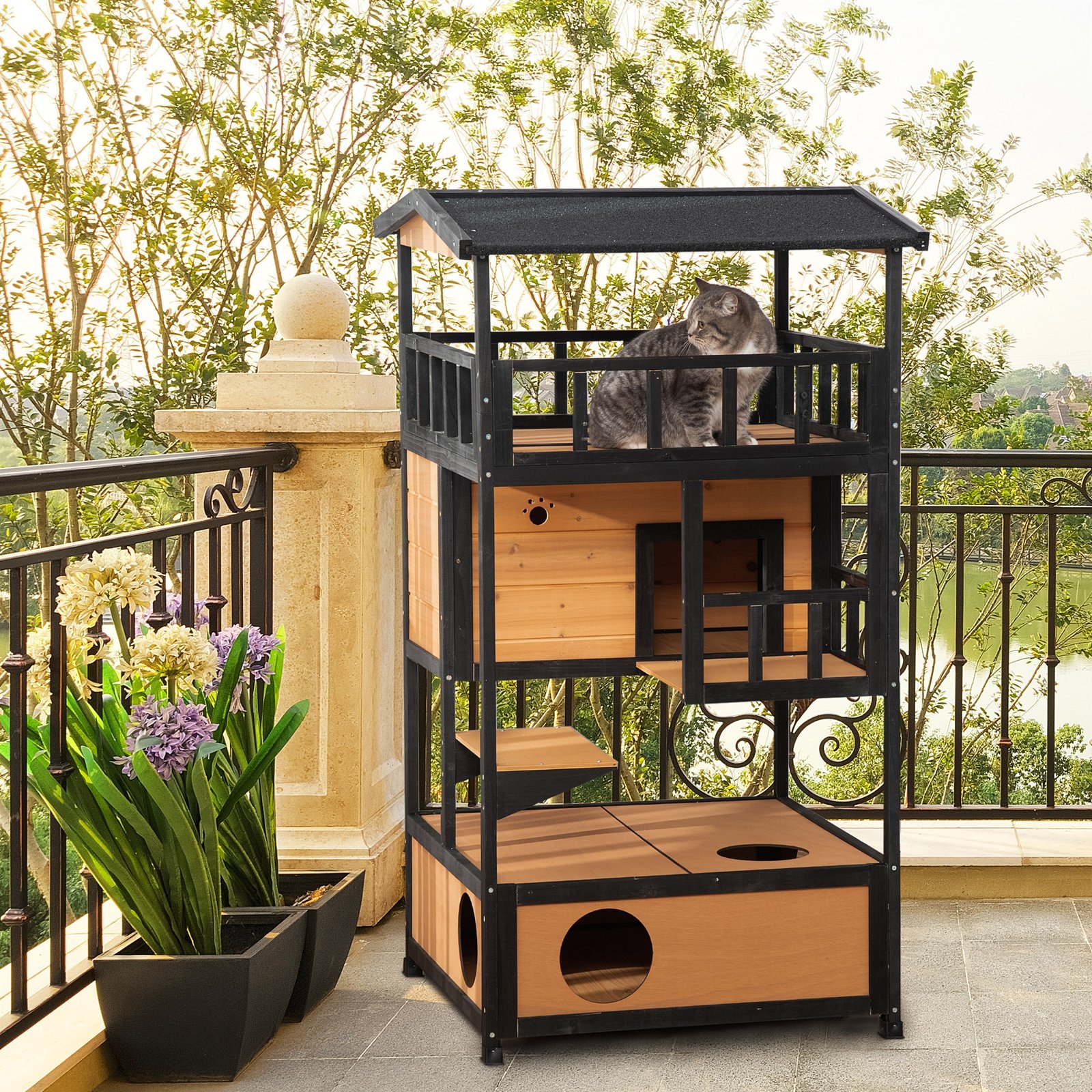 Wooden Outdoor Cat House, 3-Tier Cat Shelter with Tilted Roof, Terrace, Jump Step, Bottom Tray and Elevated Base, Waterproof Paint, Yellow