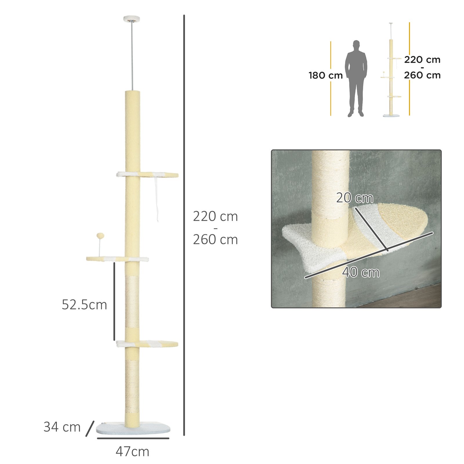260cm Adjustable Floor-To-Ceiling Cat Tree w/ Anti-Tipping Kit, Toy Ball - Image 3