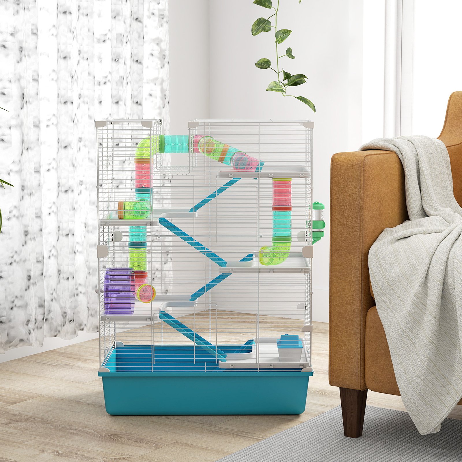 6 Tier Hamster Cage, Small Animal Cage with Tubes, Exercise Wheel, Ramps, Hut, Food Dish, Water Bottle, Light Blue