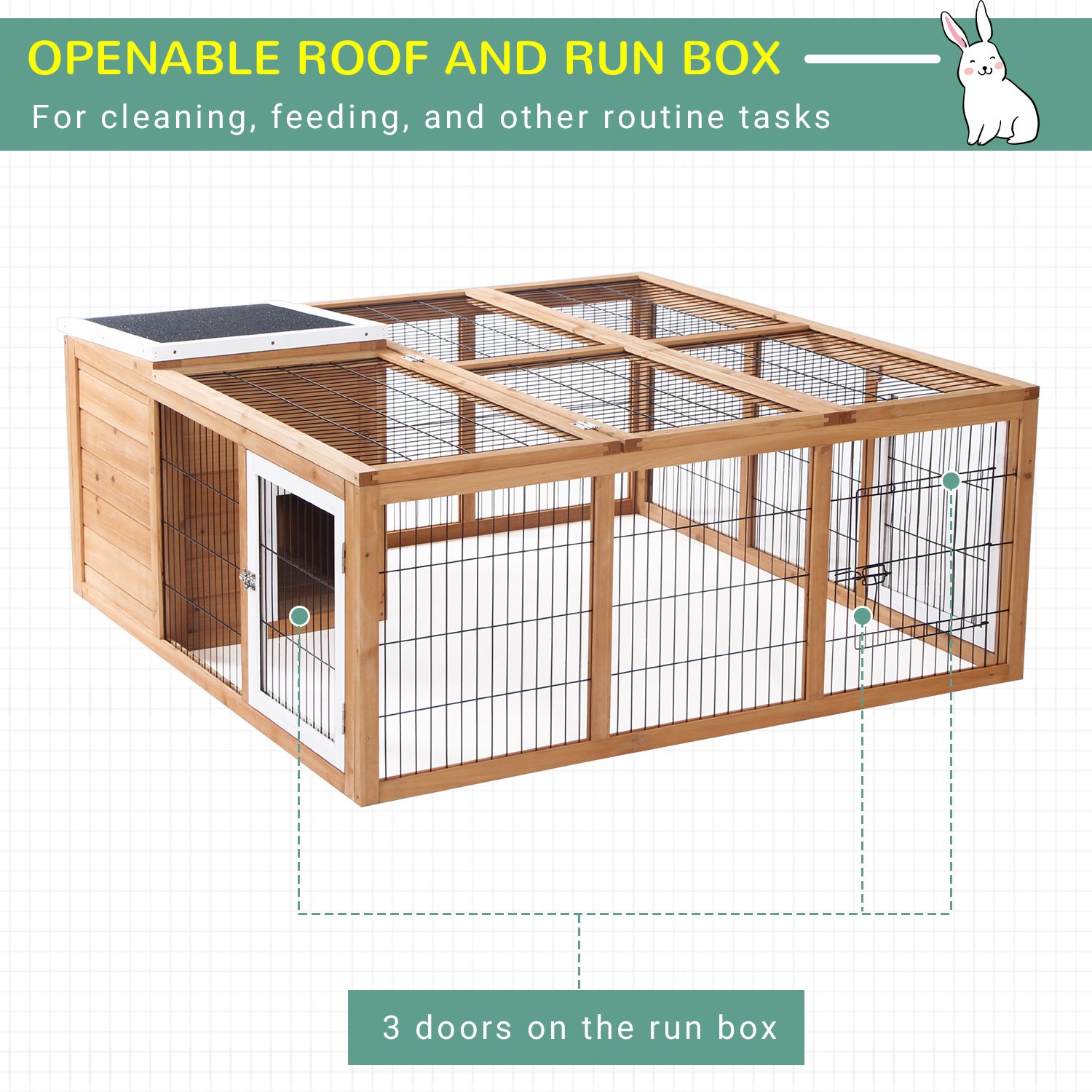 Rabbit Hutch Outdoor, Guinea Pig House, Bunny Run Cage with Openable Top for 1–2 Rabbits, 123 x 120 x 52cm, Yellow - Image 5