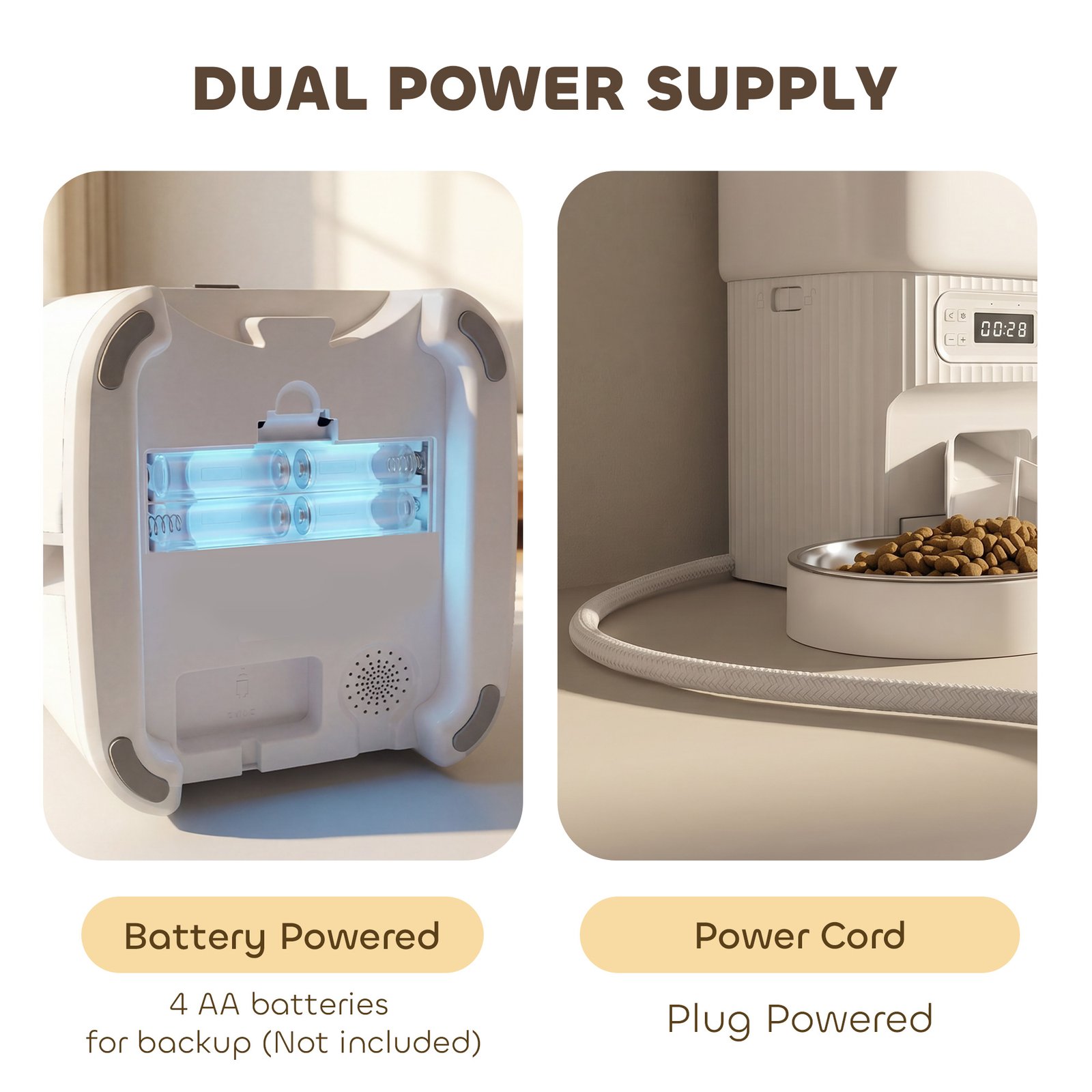 Automatic Cat Feeder Timed Portion Control Pet Food Dispenser with 2 Stainless Steel Bowls