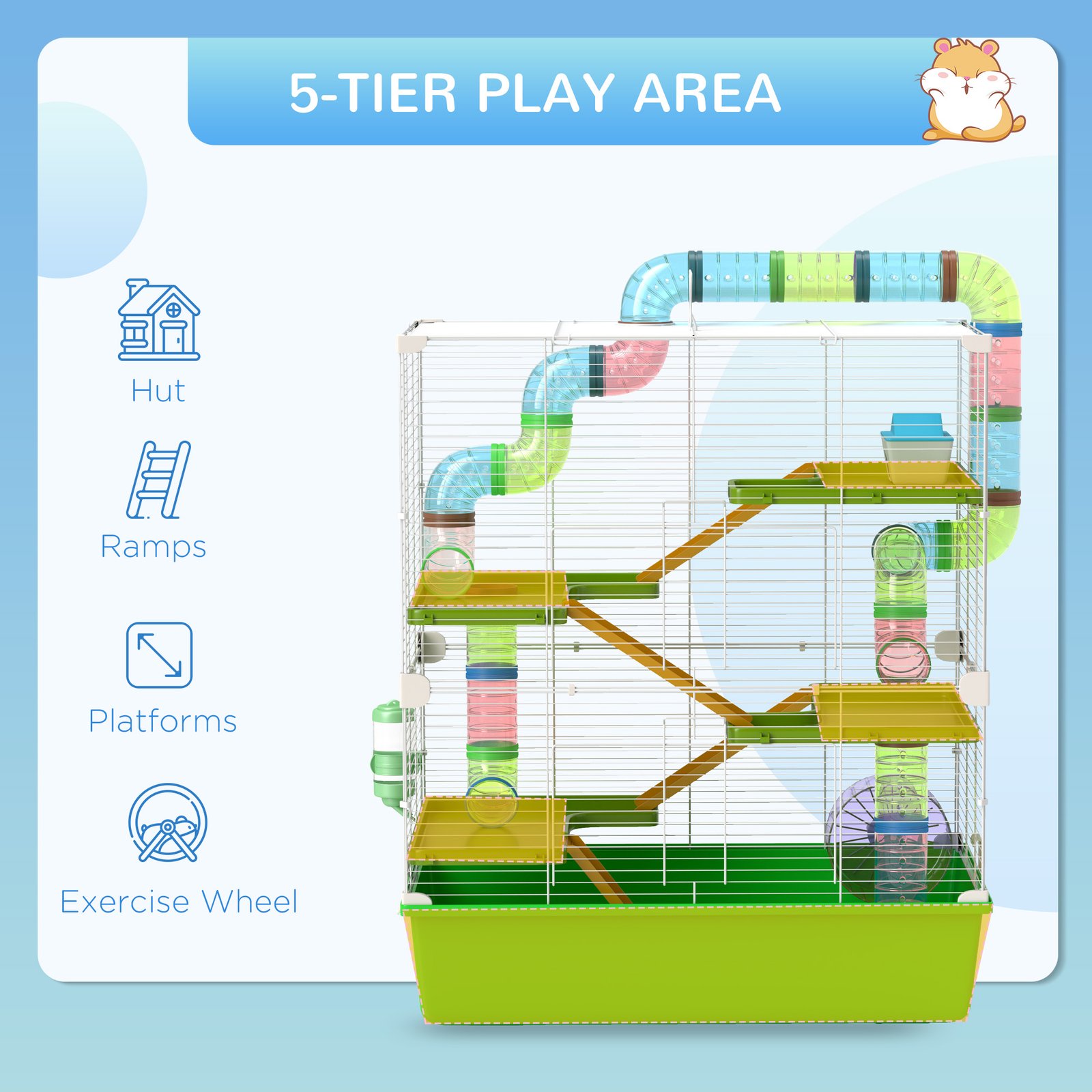 Hamster Cage w/ Water Bottle, Exercise Wheel, Tubes, Ramps - Green