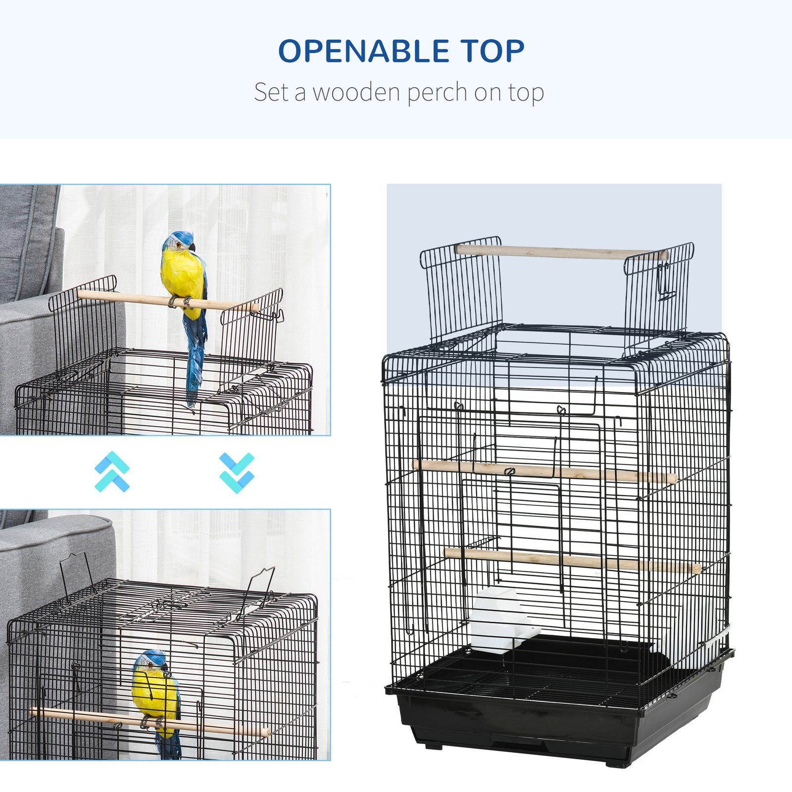 Steel Bird Cage with Openable Top, Stand, Tray, Handles, Feeding Bowls for Parakeet Cockatiel - Black - Image 8