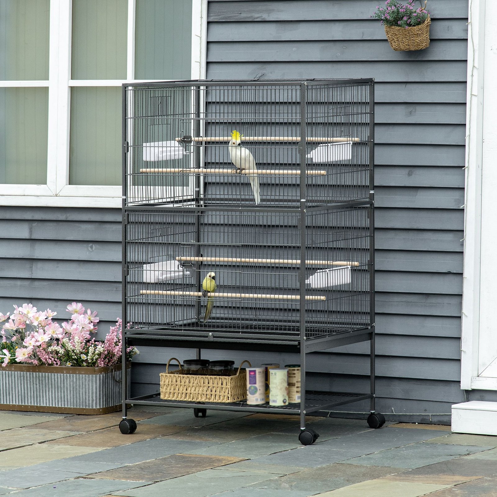 Large Bird Cage Budgie Cage for Finch Canaries Parakeet with Rolling Stand, Slide-out Tray, Storage Shelf, Food Containers, Dark Grey