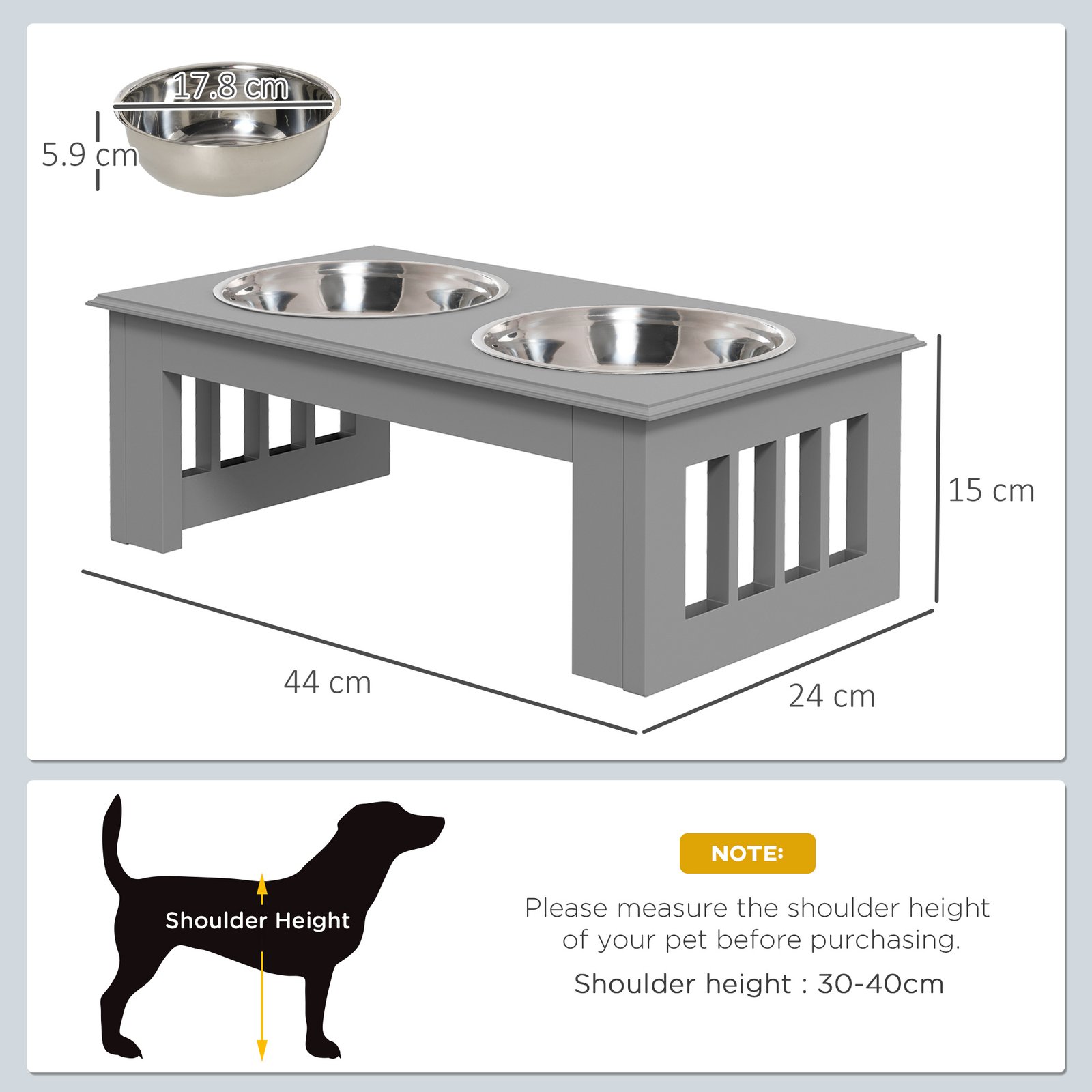 Raised Dog Feeding Bowls with Stand, Stainless Steel for Extra Small and Small Dog, 44L x 24W x 15H cm - Grey - Image 3