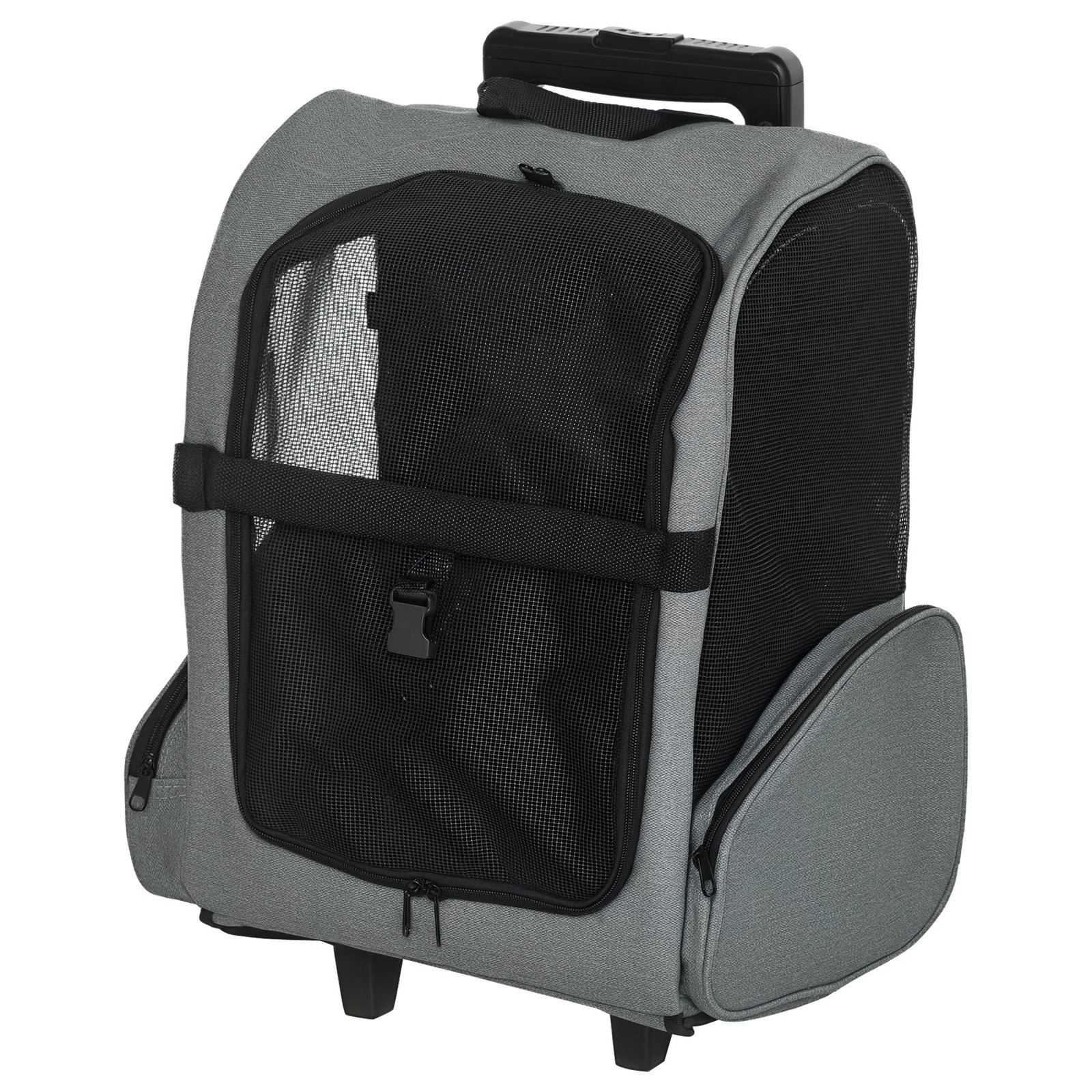 2 in 1 Dog Backpack and Trolley, Pet Travel Backpack Cat Dog Carrier with Telescopic Handle, Portable Pet Stroller Wheel Luggage Bag (Grey)