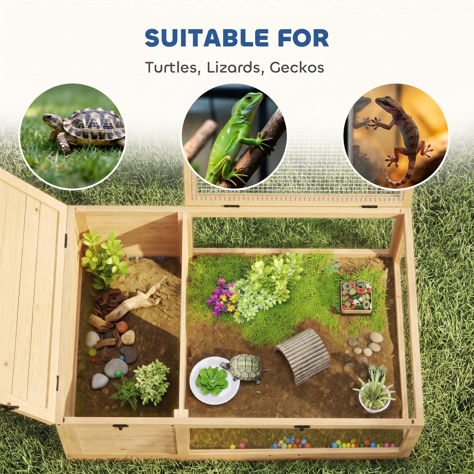 Tortoise House, Small Reptile Wooden House, with Mesh Roofs, Side Panels, for Turtles
