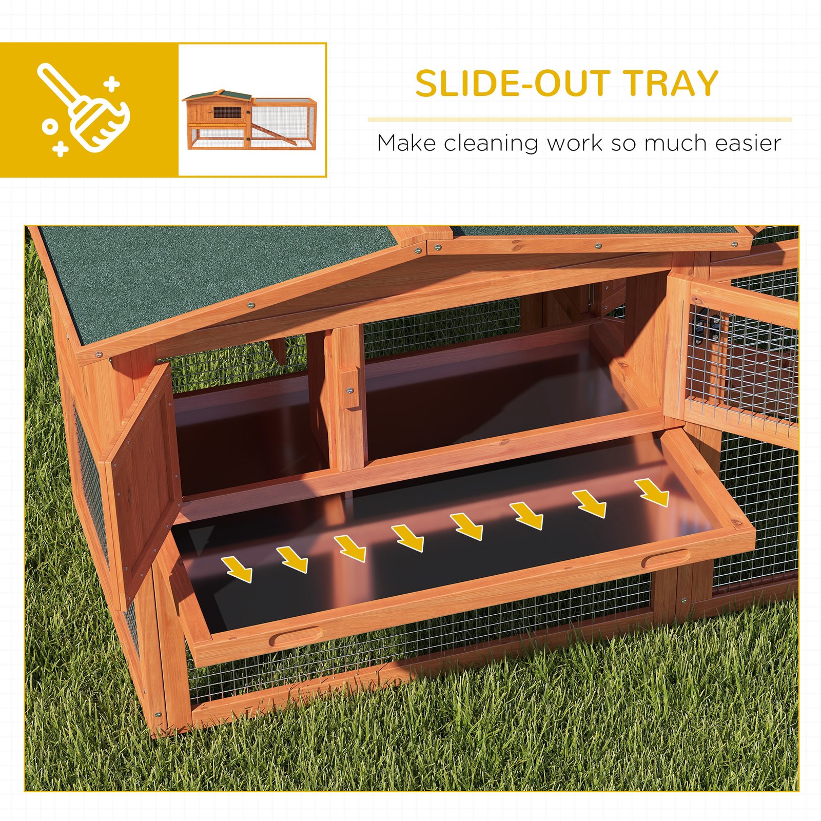 Rabbit Hutch with Run Wooden Guinea Pig Hutch Outdoor Bunny Cage Hide House with Sliding Tray, Hay Rack, Ramp, 156 x 58 x 68cm, Orange - Image 6