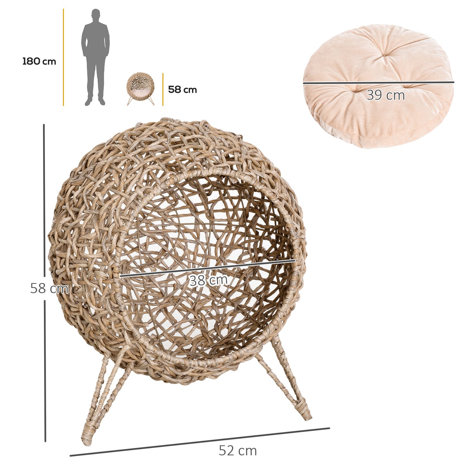 Wicker Cat Bed, Ball-Shaped Rattan Elevated Cat Basket with Three Tripod Legs, Cushion - Natural Wood Finish - Image 2
