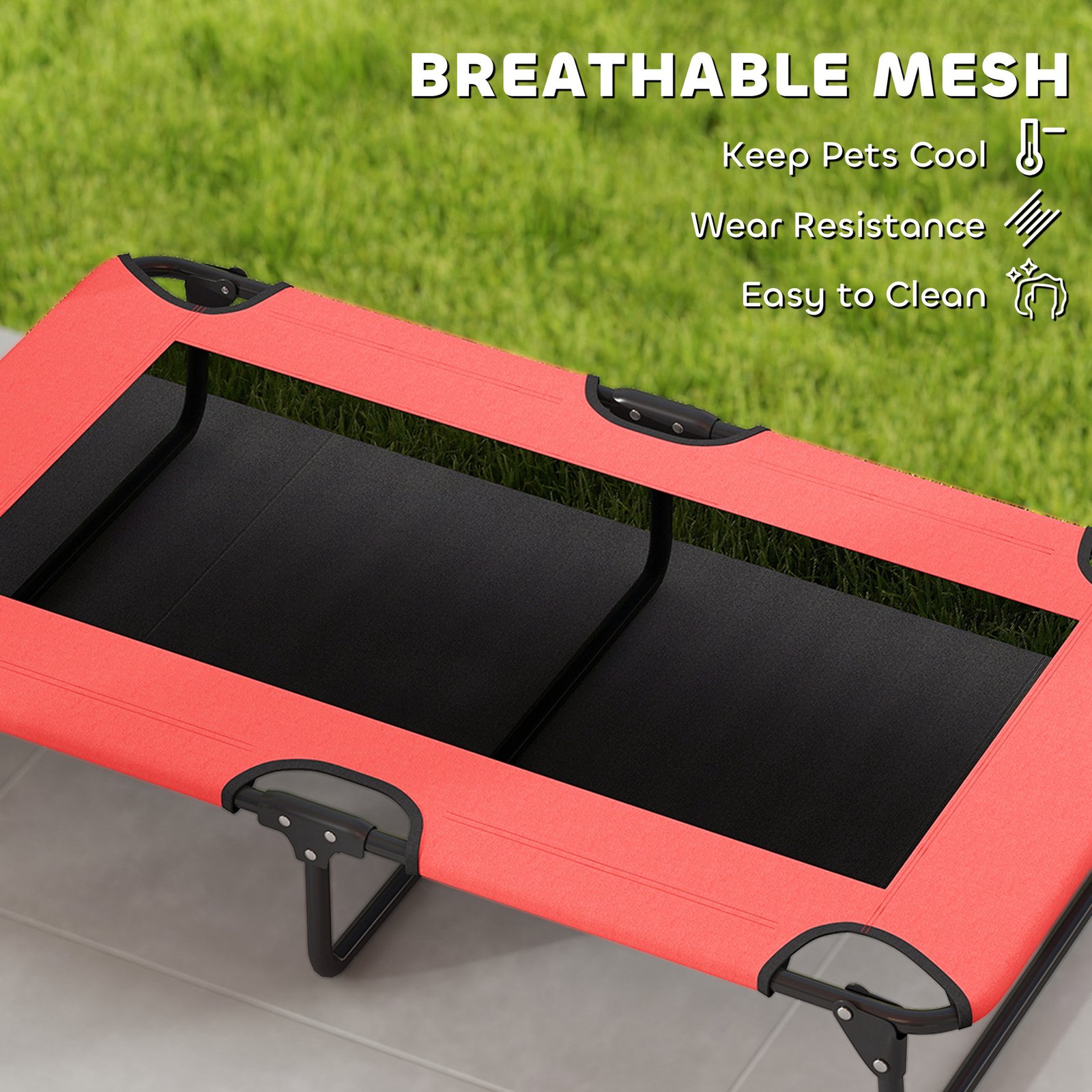 Portable Raised Dog Bed, Elevated Pet Cot with Breathable Mesh for Indoor Outdoor, for Large Dogs, Red