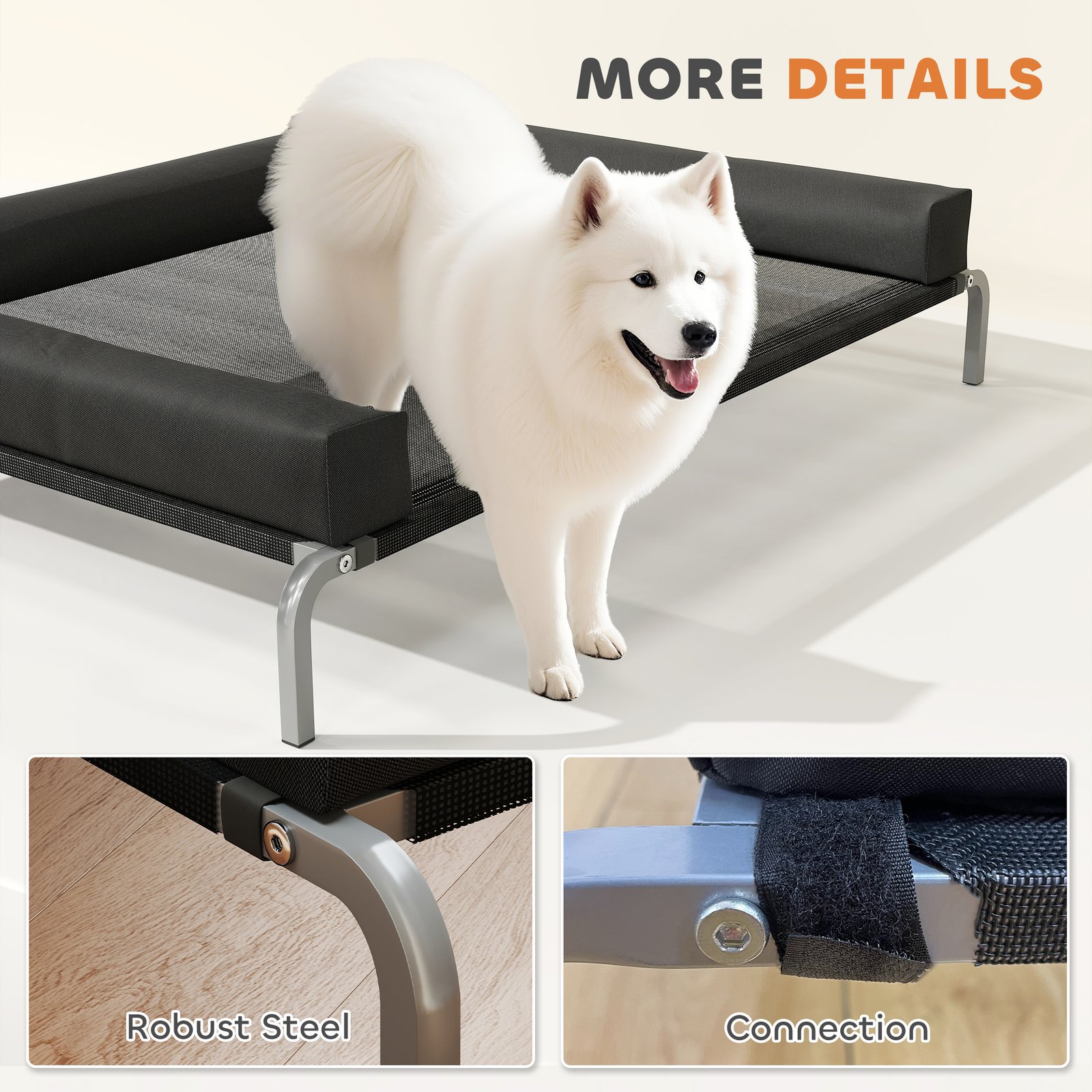 Elevated Dog Bed with Removable Bolsters, Raised Dog Bed for Large Breeds, Portable Indoor & Outdoor Pet Cots, Black