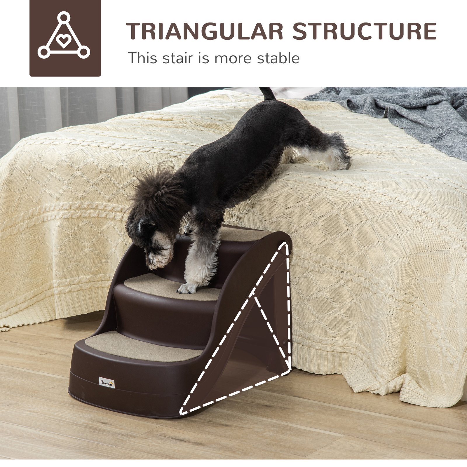 Foldable Dog Steps for Bed Sofa, Portable Dog Stairs 3-Step for High Bed, Pet Stairs with Non-slip Mats for Small and Miniature Breeds, 49 x 38 x 38 cm, Brown