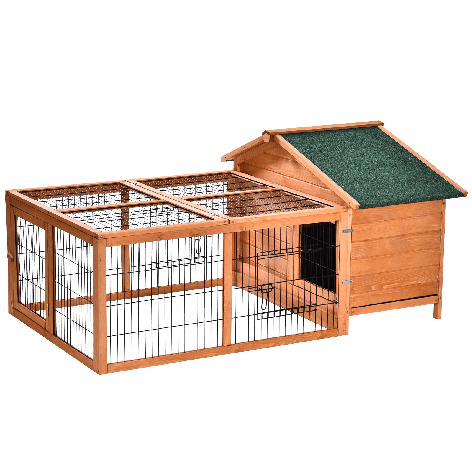 Wooden Rabbit Hutch Outdoor, Guinea Pig Hutch, Detachable Small Animal Cage with Openable Run & Roof Lockable Door Slide-out Tray 146 x 95 x 69cm