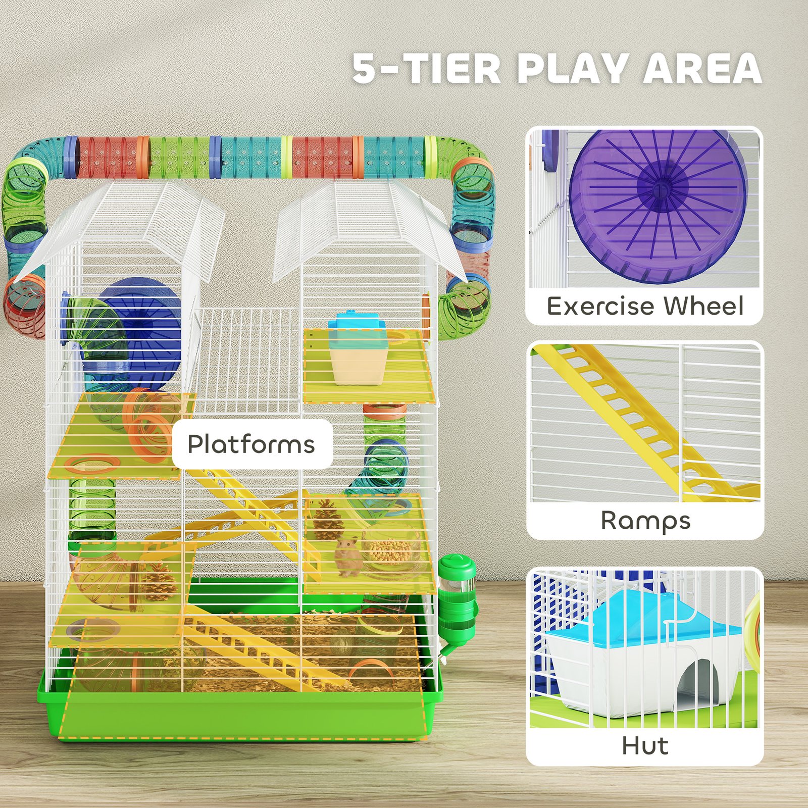 Hamster Cage, 5 Tier Carrier Habitat with Exercise Wheels Tunnel Tube Water Bottle Dishes House Ladder, Gerbil Cage for Dwarf Mice, Green - Image 3