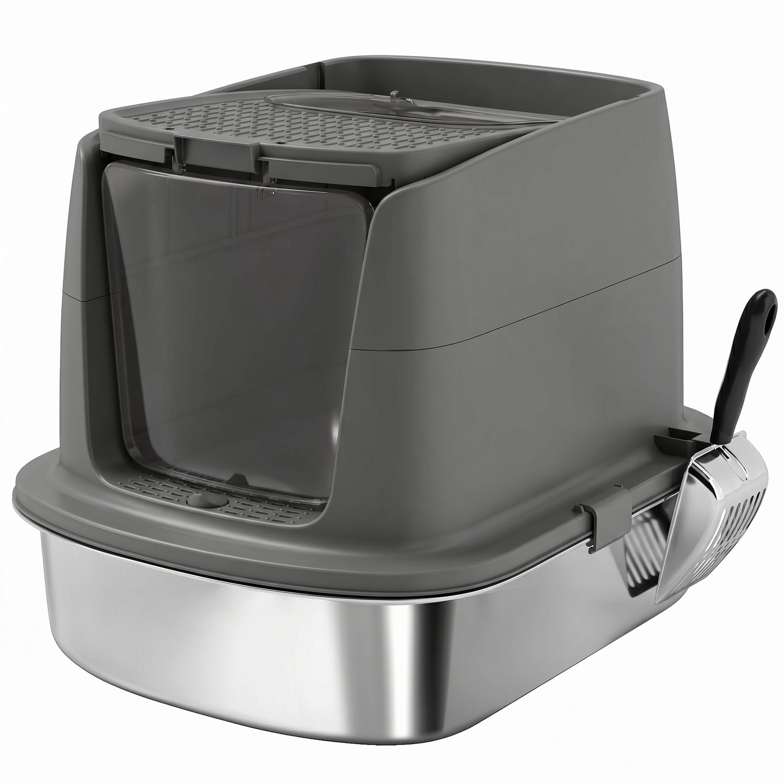 Large Stainless Steel Litter Box, Enclosed Metal Cat Litter Tray with Scoop, Deodoriser Bag, Front-Entry and Top-Exit