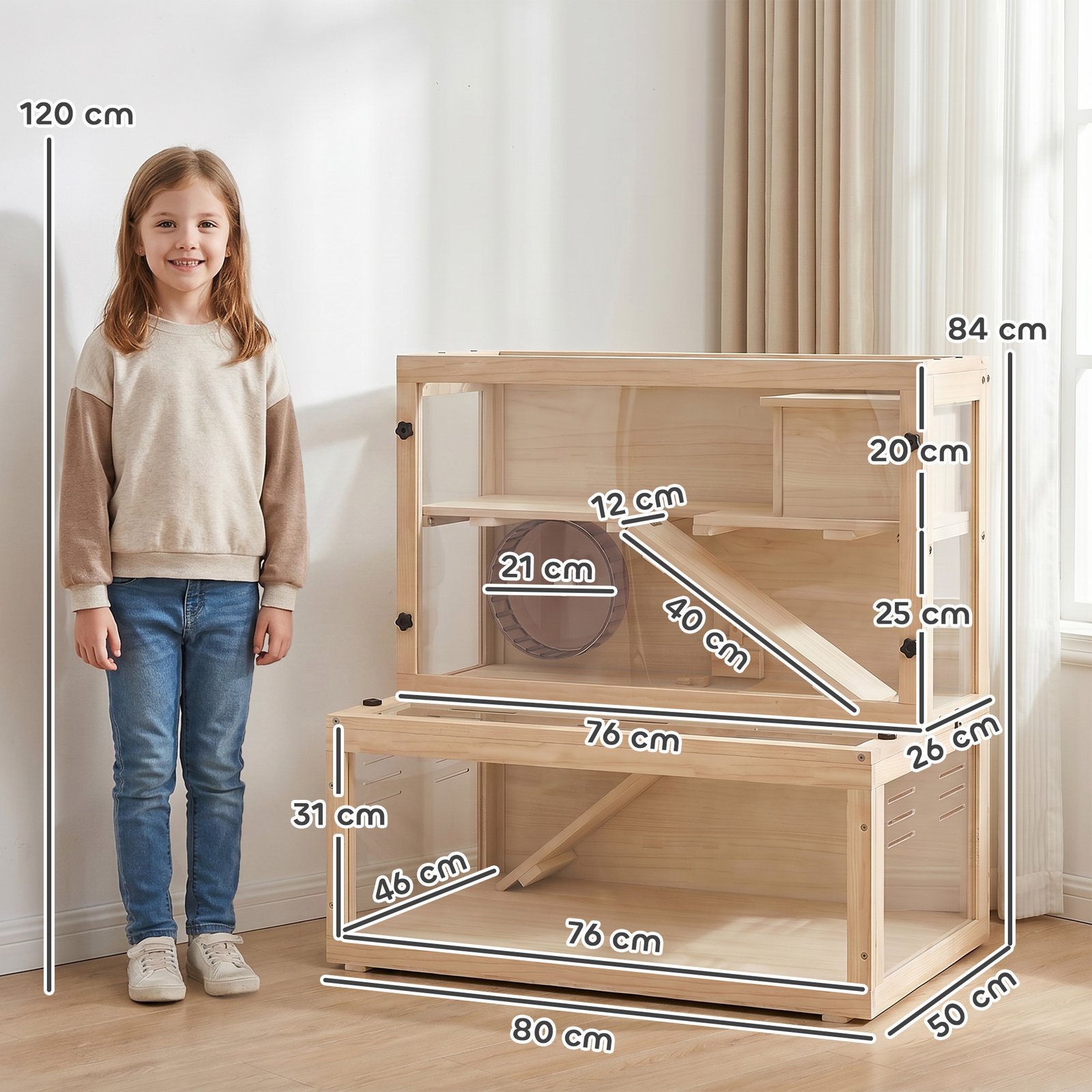 Wooden Hamster Cage with Hut, Wheel, Ramps, Removable Viewing Panels, 80 x 50 x 84 cm, Natural