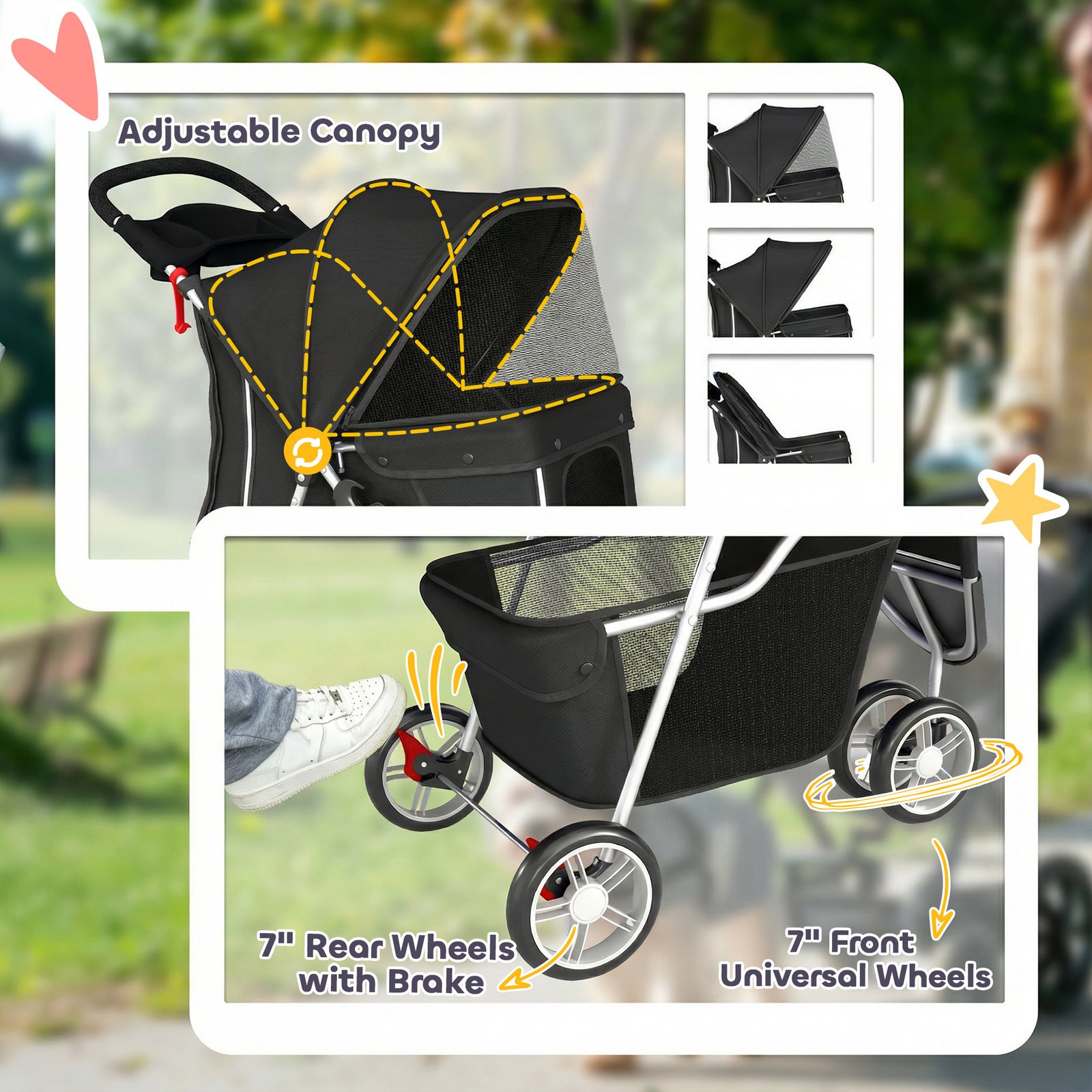 3 Wheel Pet Stroller for Small and Miniature Dogs, Black - Image 6