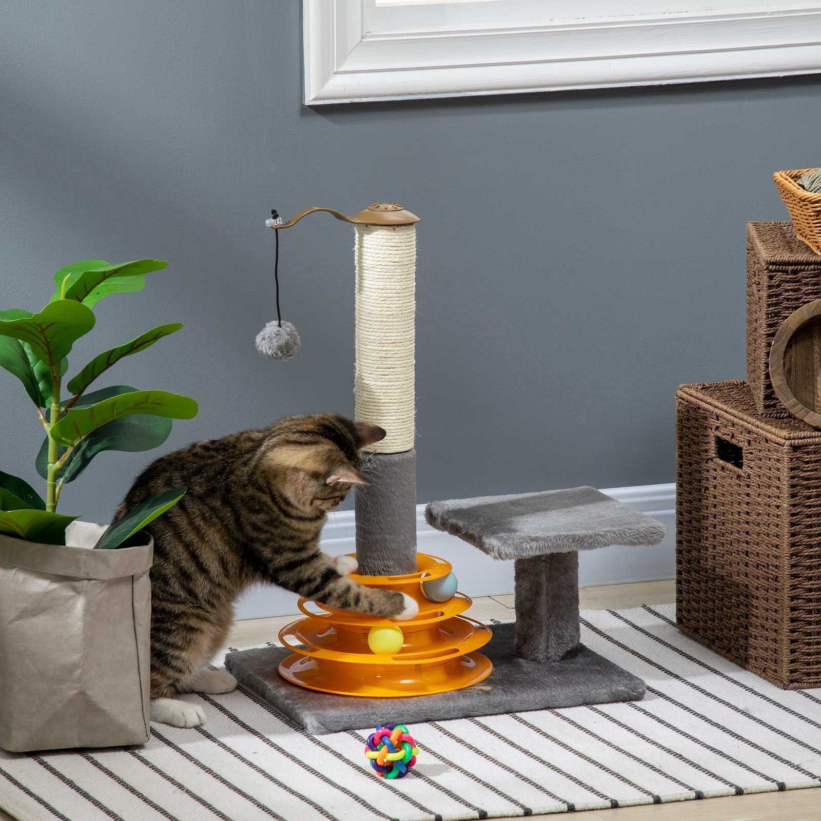 56cm Cat Tree Tower Activity Centre, Climbing Stand Kitten House Furniture w/ Scratching Posts, Toy Ball - Grey