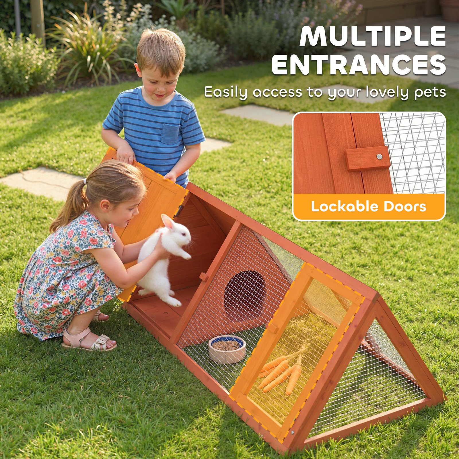 Rabbit Hutch, Wooden Guinea Pig Hutch with Run and Doors, Outdoor Triangle Bunny House for Rabbits,Duck and Chicken - Image 5