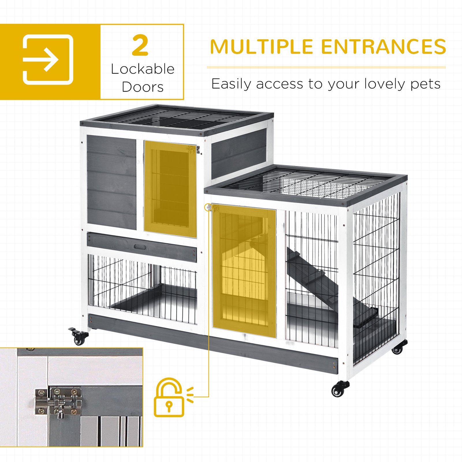 Wooden Indoor Rabbit Hutch Guinea Pig House Bunny Small Animal Cage W/ Wheels Enclosed Run 110 x 50 x 88 cm, Grey - Image 4