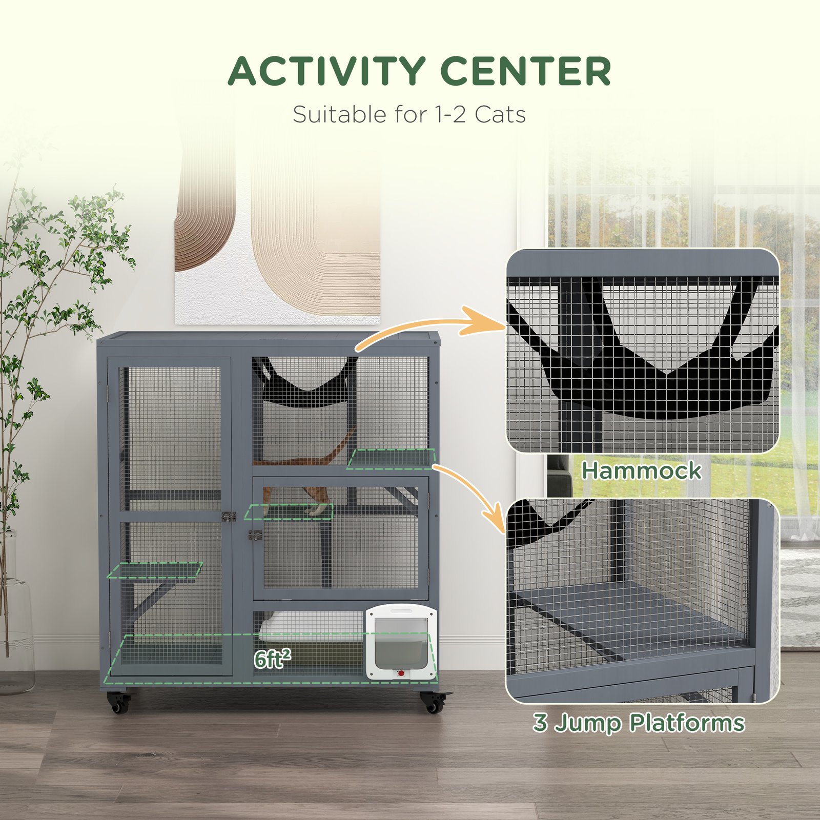 Cat House, Wooden Indoor Catio Cat Enclosure on Wheels, Wooden Kitty Cage with Platforms, Hammock, Light Grey