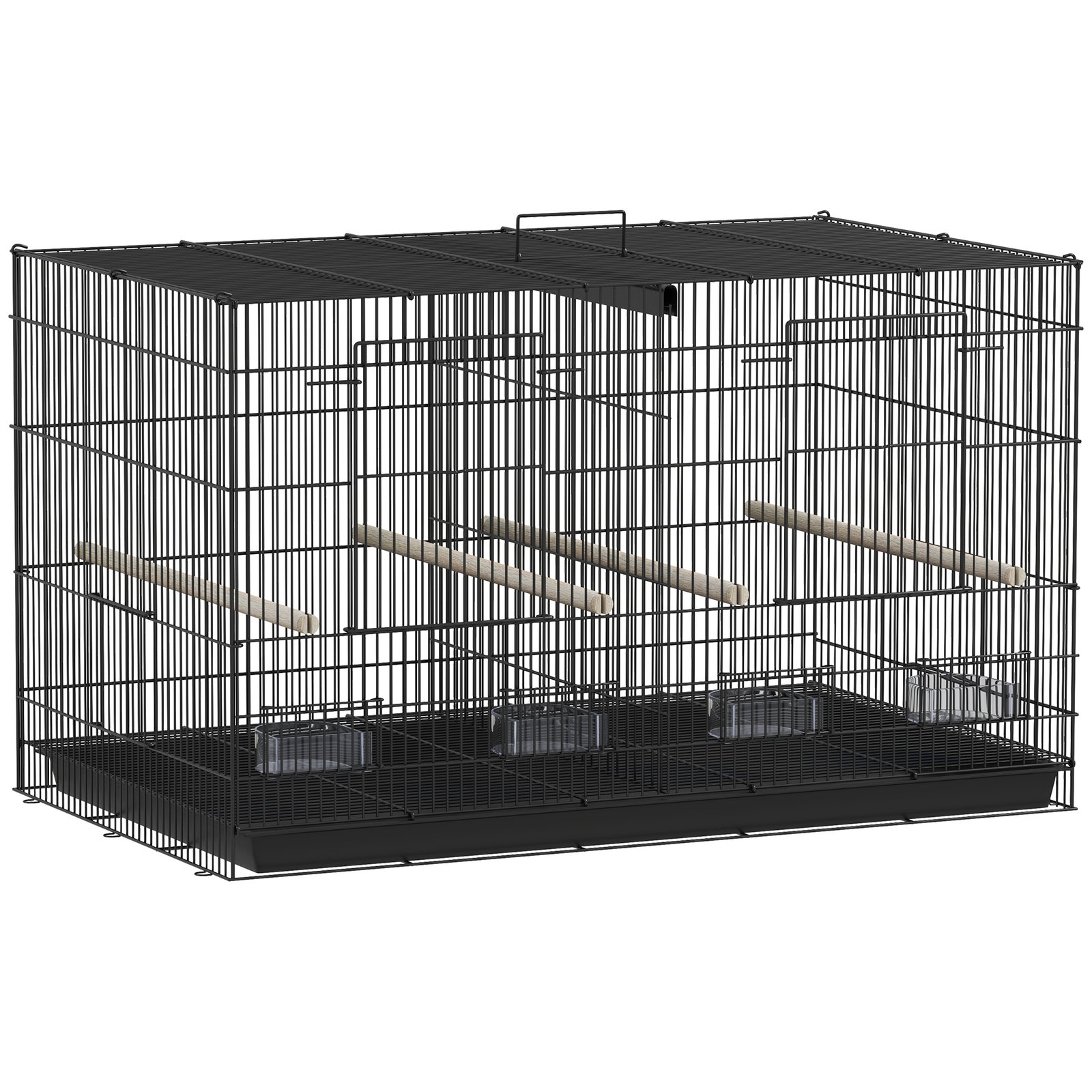 Bird Cage with Divider, 4 Wooden Perches, Slide Out Tray, 4 Feeders, for Budgie, Lovebird, Canary, 76 x 46 x 46cm, Black